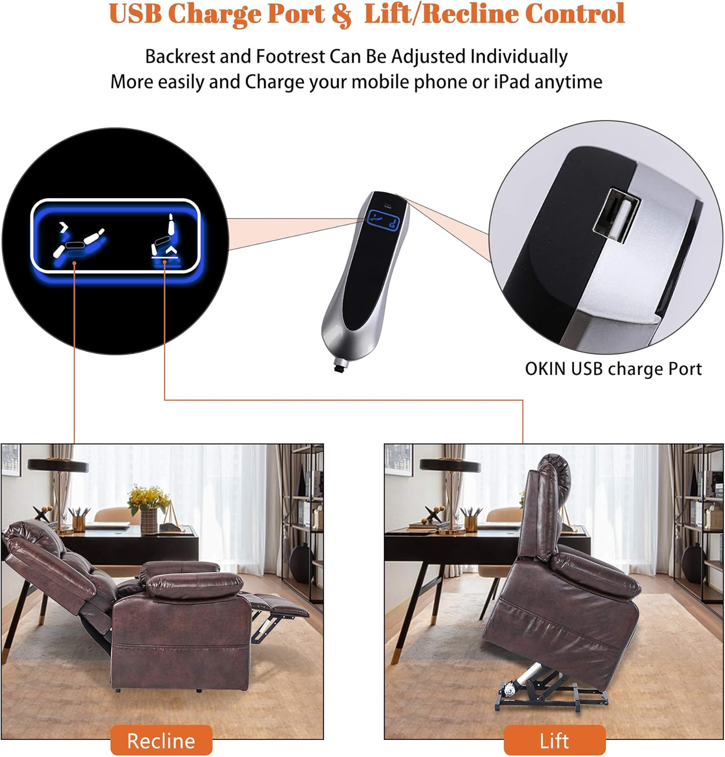 S*MAX Lift Chairs Recliners for Elderly Power Recliner Chairs Full Air Leather Electric Recliner Chairs Side Pockets USB Charge Port and Remote Control Power Lift Recliners Brown