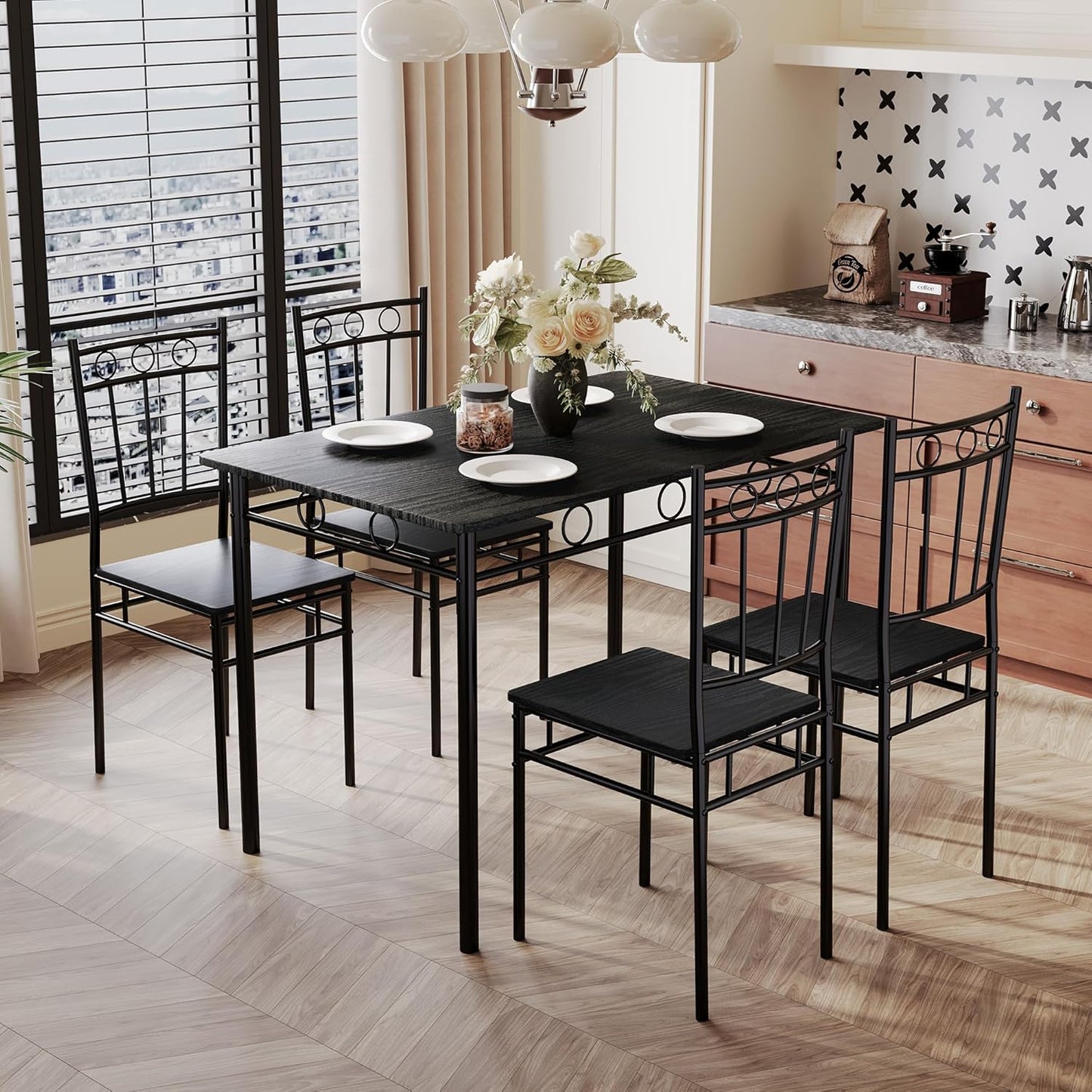 5 Piece Dining Table Set, Modern Metal&Wood Kitchen Dinner Table with 4 Chairs, Dining Room Table Sets for Small Spaces, Black