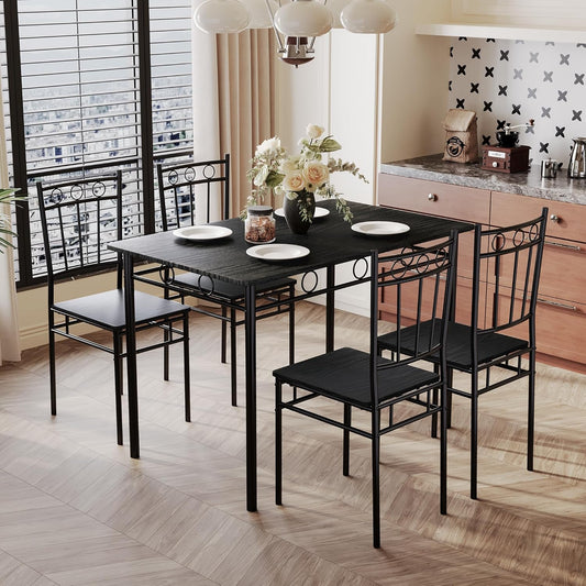 5 Piece Dining Table Set, Modern Metal&Wood Kitchen Dinner Table with 4 Chairs, Dining Room Table Sets for Small Spaces, Black