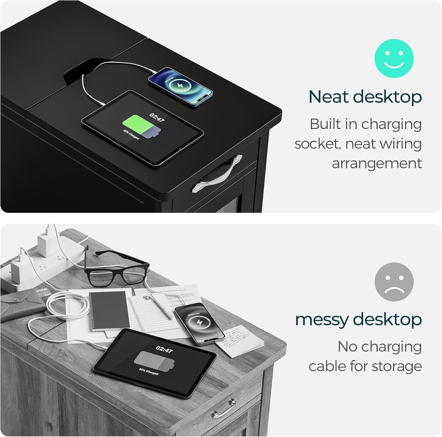 LINSY HOME End Table with Charging Station, Side Table for Bedroom with Drawer and Detachable Holder, Storage Shelf with Glass Door, Extra Storage & Display Space, Small Nightstand for Living Room