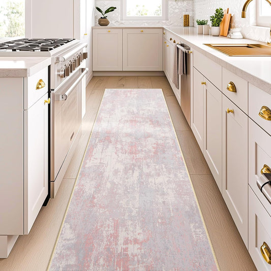 Washable Area Rugs 2'x8' Non-Slip Modern Abstract Soft for Living Room Entryway Bedroom Nursery, Print Pattern, Grey Pink