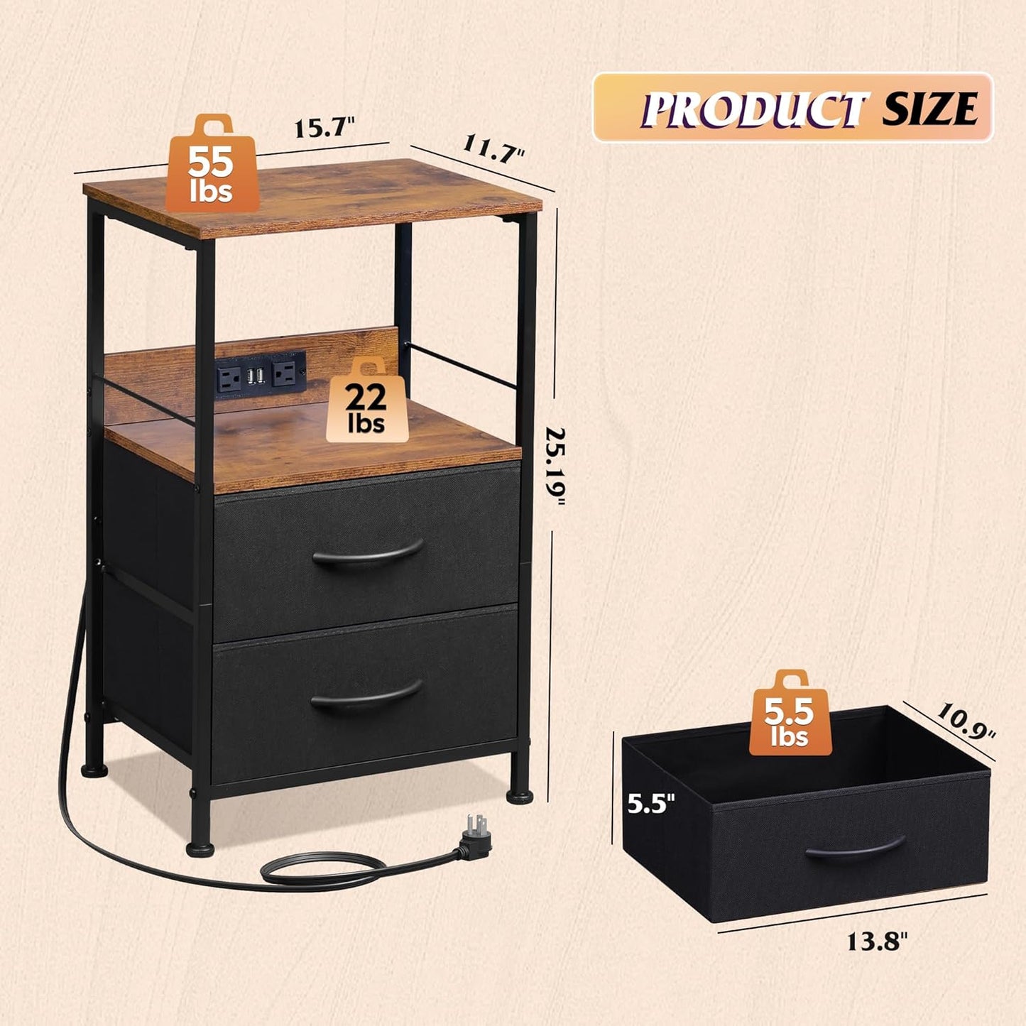 WLIVE Nightstand with Charging Station, LED Night Stand with 2 Fabric Drawers and Open Shelf, Small Dresser for Small Spaces, Side End Tables for Bedroom, Rustic Brown and Black