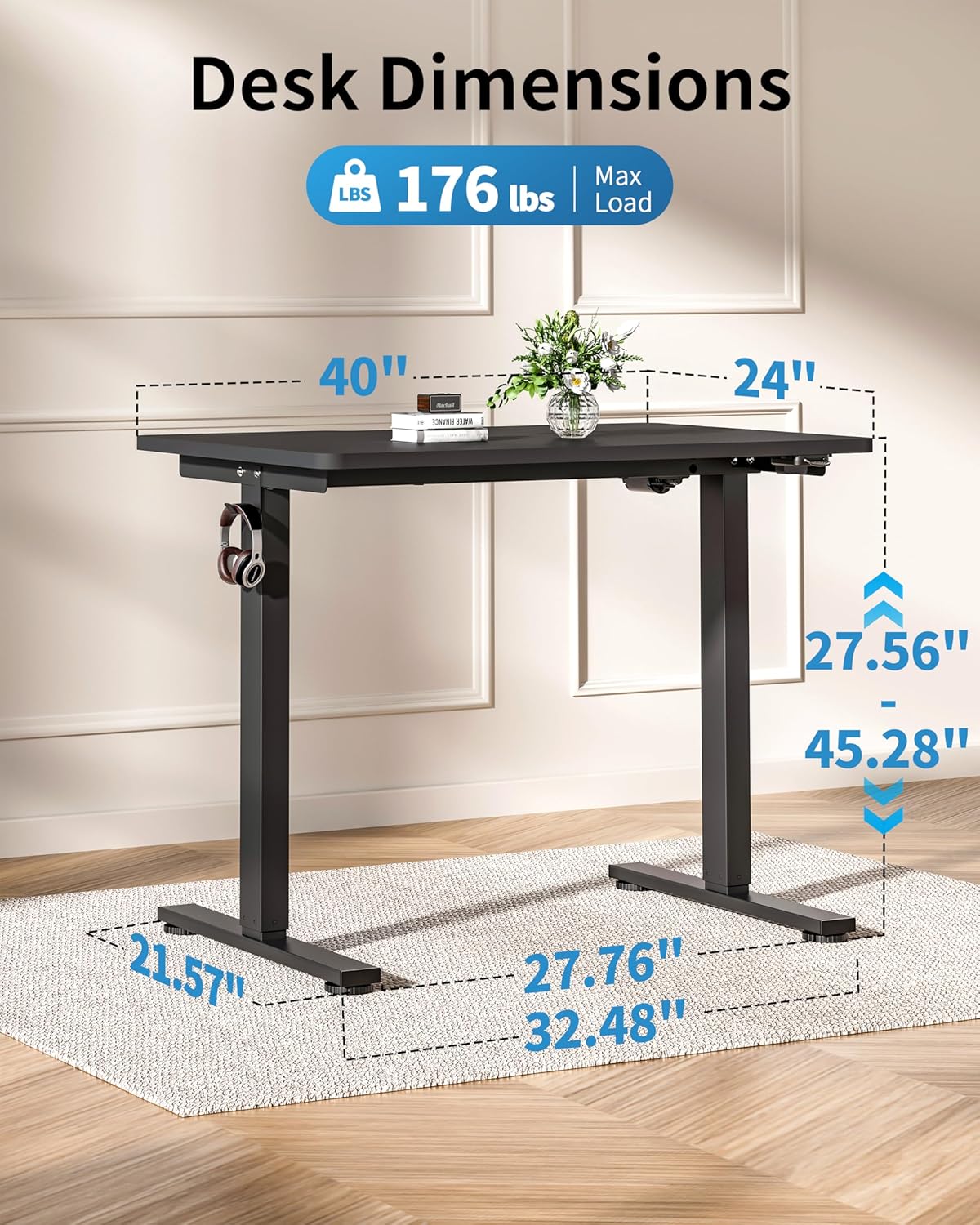 Okin Small Electric Standing Desk, 40" x 24" Whole Piece Height Adjustable Black Sit to Stand Desk Computer Workstation for Home Office