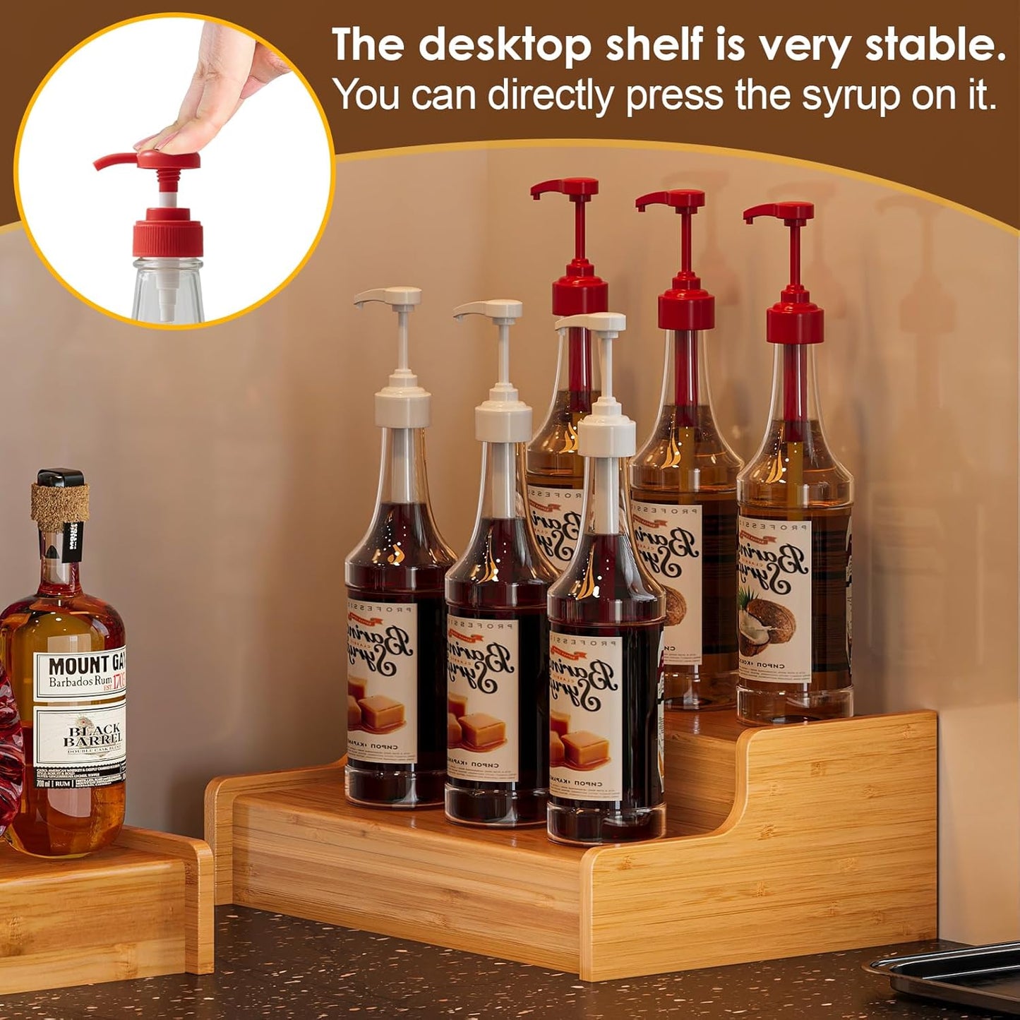 X-cosrack Expandable Liquor Bottle Display Shelf, Tabletop Wine Rack, Countertop Coffee Syrup Organizer Rack, Bamboo Bottle Stand for Liquor Whiskey Display Bar Shelves, Home Bar Display