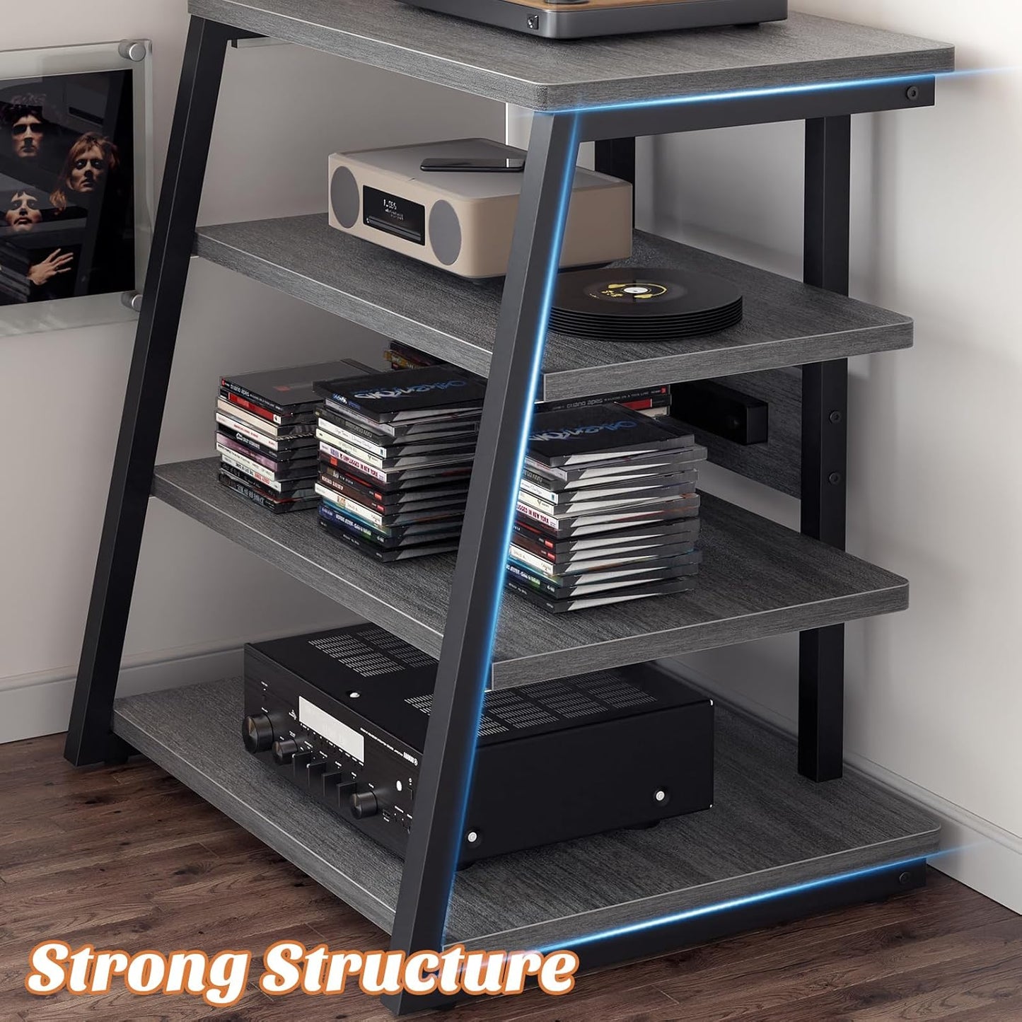 AV Media Stand with Outlets, Media Console with LED Lights, Stereo Racks and Stands with Storage Shelves, Media Audio Tower Stand, Light Grey Walnut