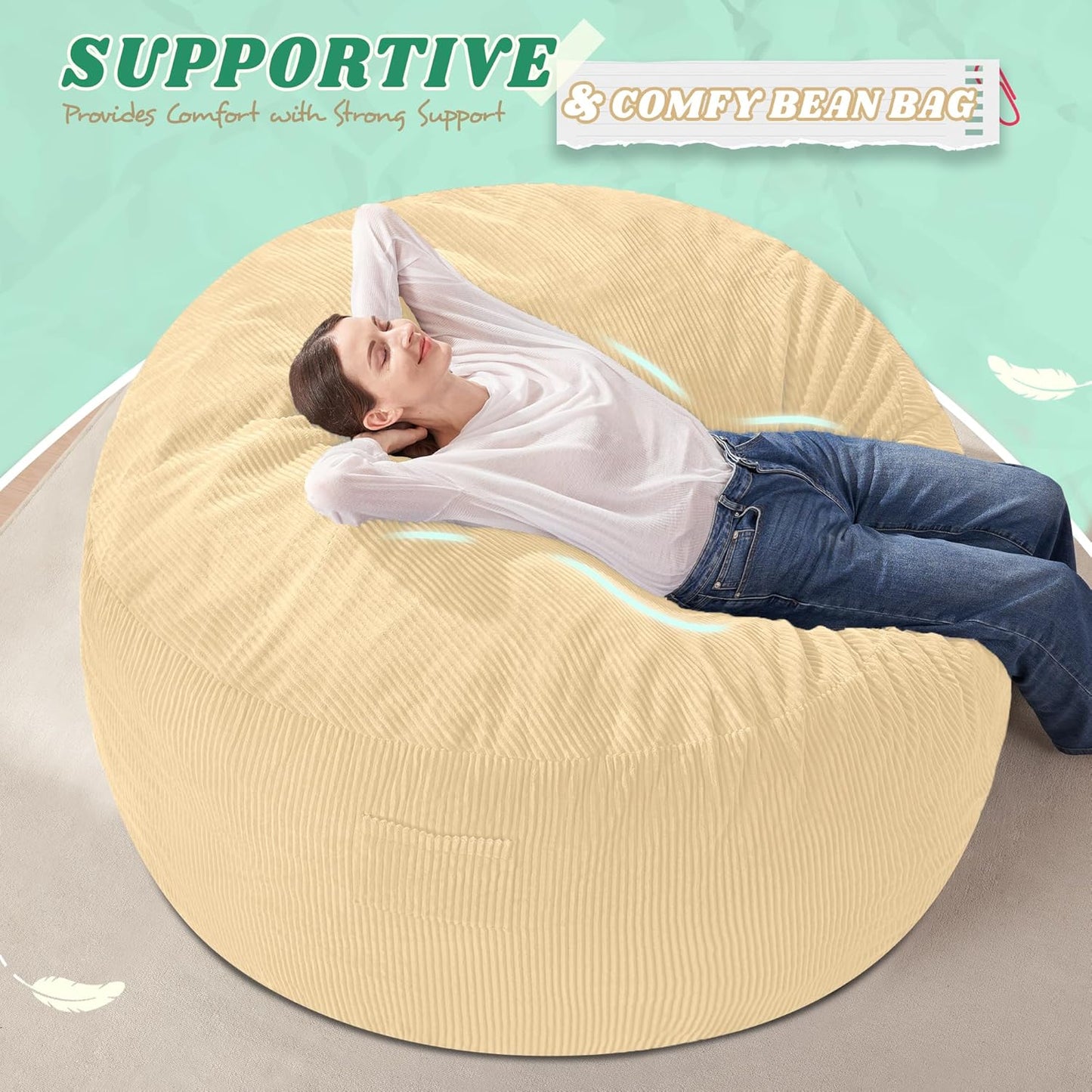 HABUTWAY 4FT Bean Bag Chair,Giant Bean Bag Chairs for Adults,Big Bean Bags with Memory Foam Filled, Large Beanbag Chairs with Soft Corduroy Cover-Khaki