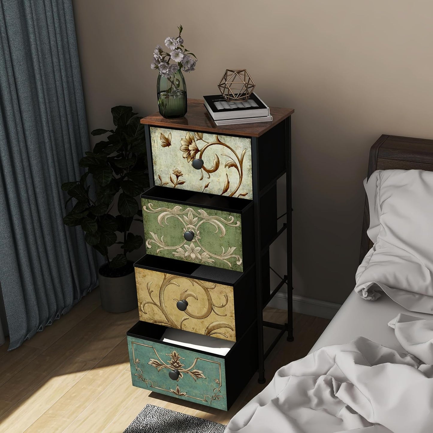 Tohomeor Small Dresser for Bedroom with Retro Flower Narrow Drawers Slim Chest of Drawers Skinny Nightstand Sofa End Table for Living Room Entryway Closet Storage (Multi, 4 Drawers)