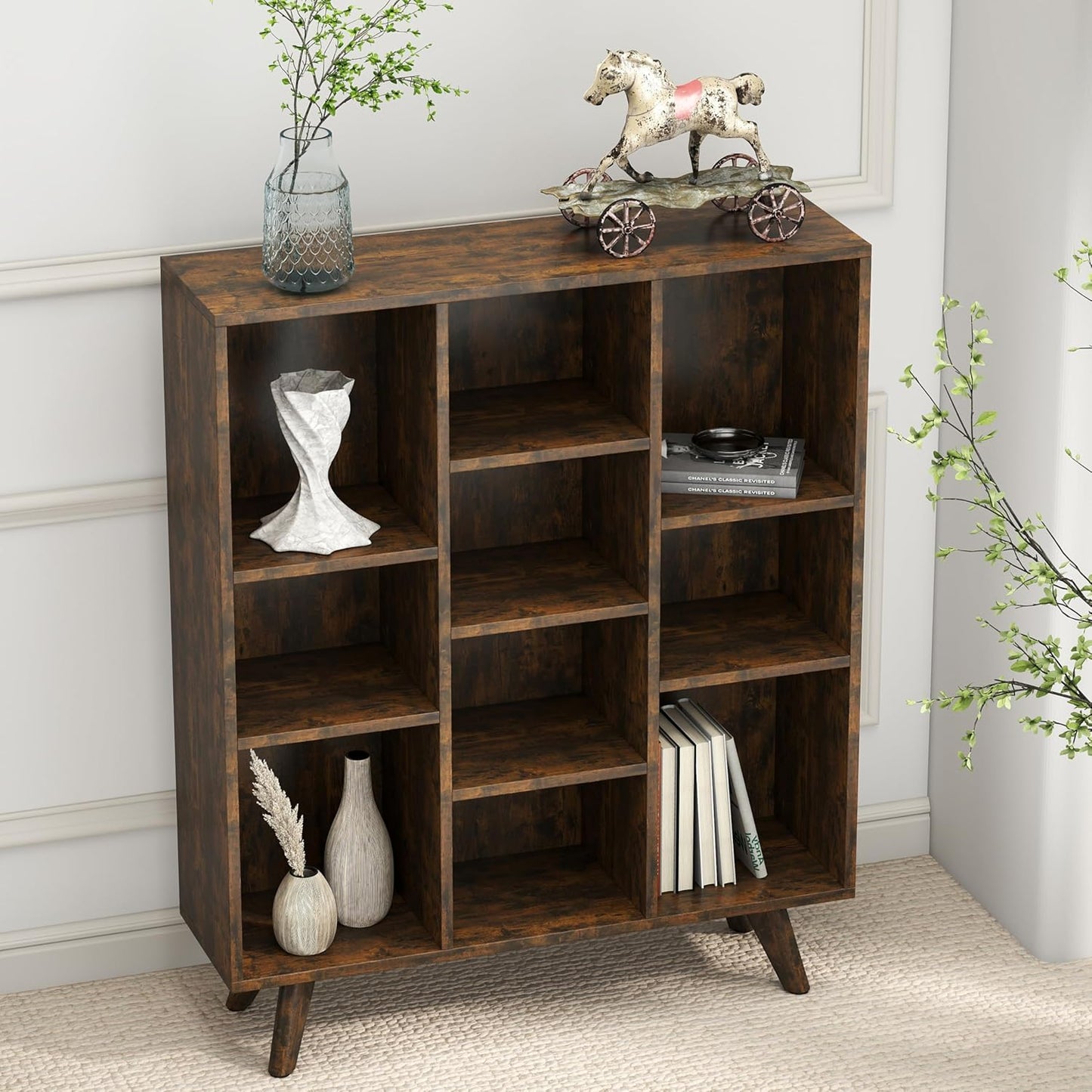 Manora Rustic Brown 10 Cube Mid Century Modern Bookshelf, Wooden Storage Organizer with Open Shelves, Retro Bookcase for Living Room, Bedroom, Home Office