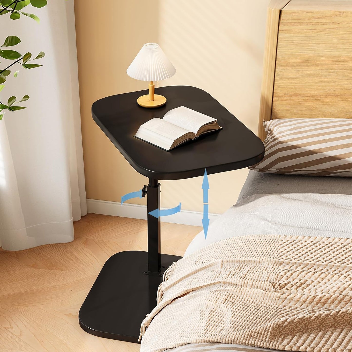 Pedestal C-Shaped Adjustable Small End Tables for Small Spaces Side Table，Desktop can Turn 360° and The Height of The Sofa Side Table can be Adjusted（Black Desktop + Black Bottom）
