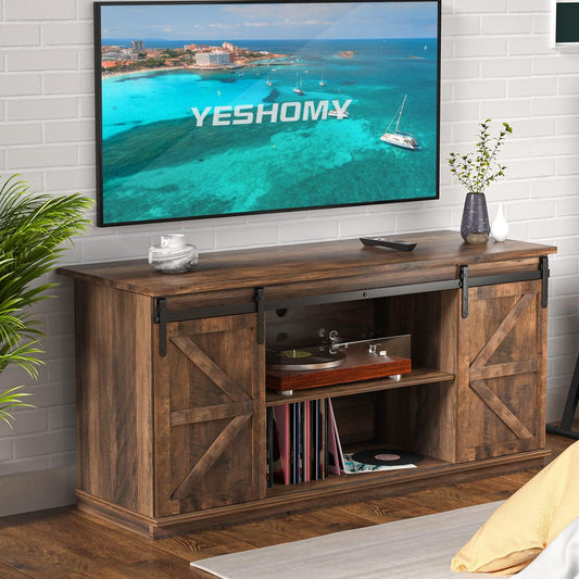 YESHOMY TV Stand for Televisions up to 65 Inches, with Sliding Barn Doors and Storage Cabinets, Console Table and Media Furniture for Living Room, 58 Inch, Barnwood