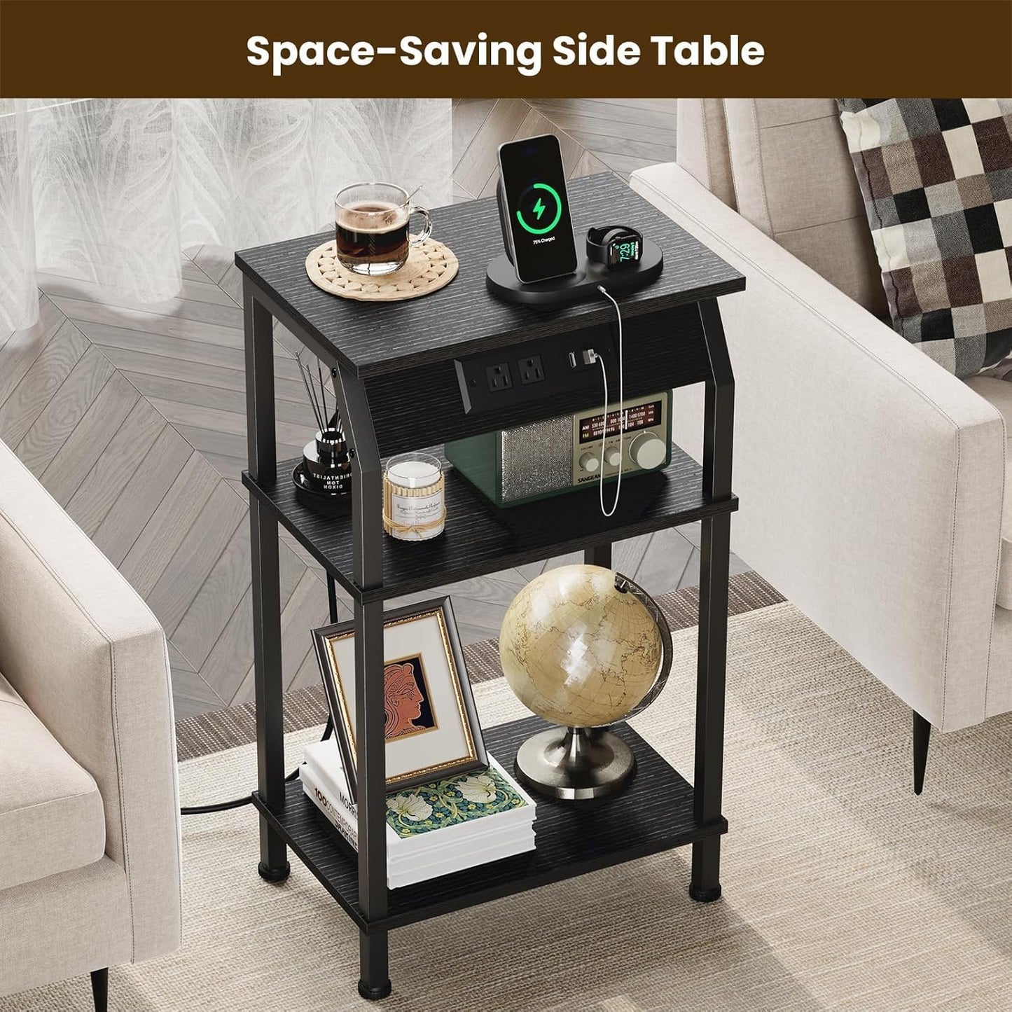 Tall End Table with Storage, 3-Tier Small Bedside Table with Charging Station, Narrow Side Table Stand, Space-Saving Nightstand for Living Room, Bedroom,Office, Black