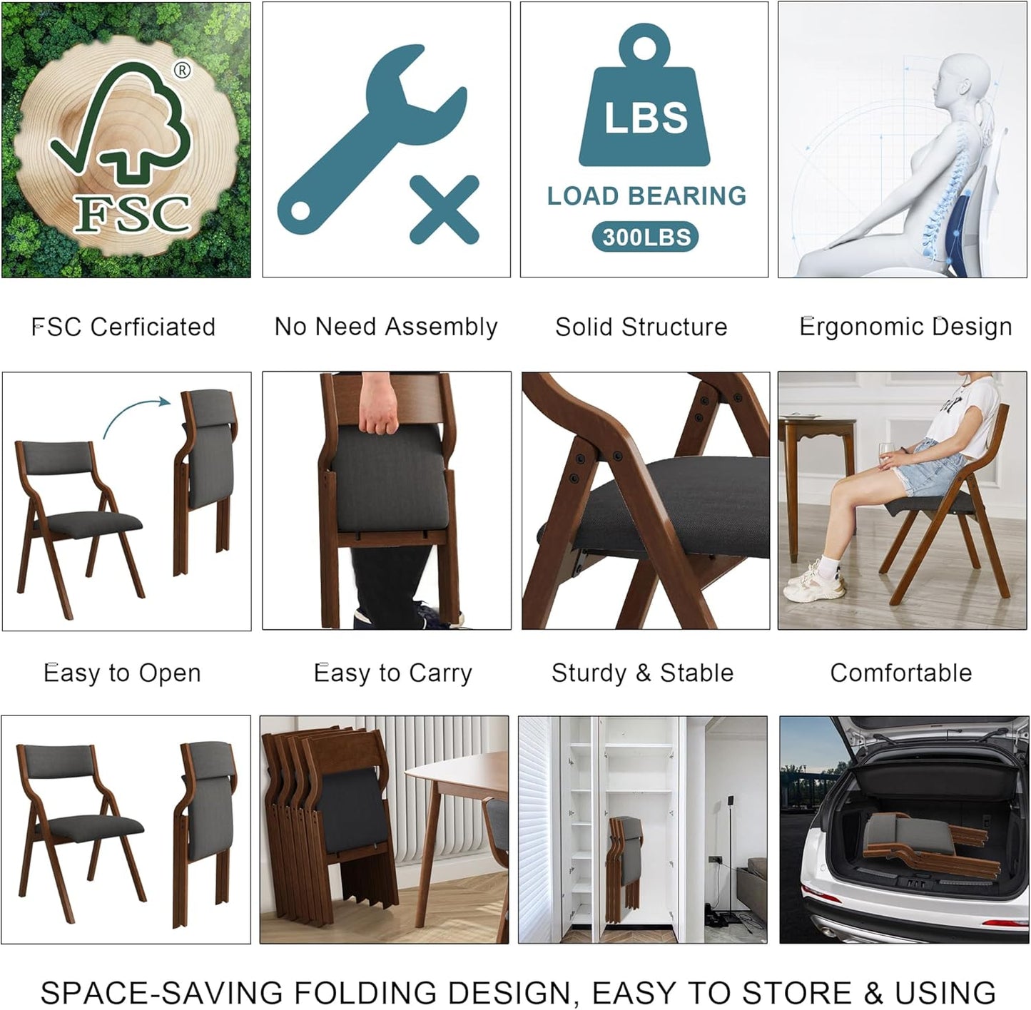 Ball & Cast Upholstered Folding Chairs Set of 2 with Ergonomically Designed Back and Solid Wood Frame, for Dining Room and Office,Indoor and Outdoor Events,Space Saving,Dark Grey+Walnut