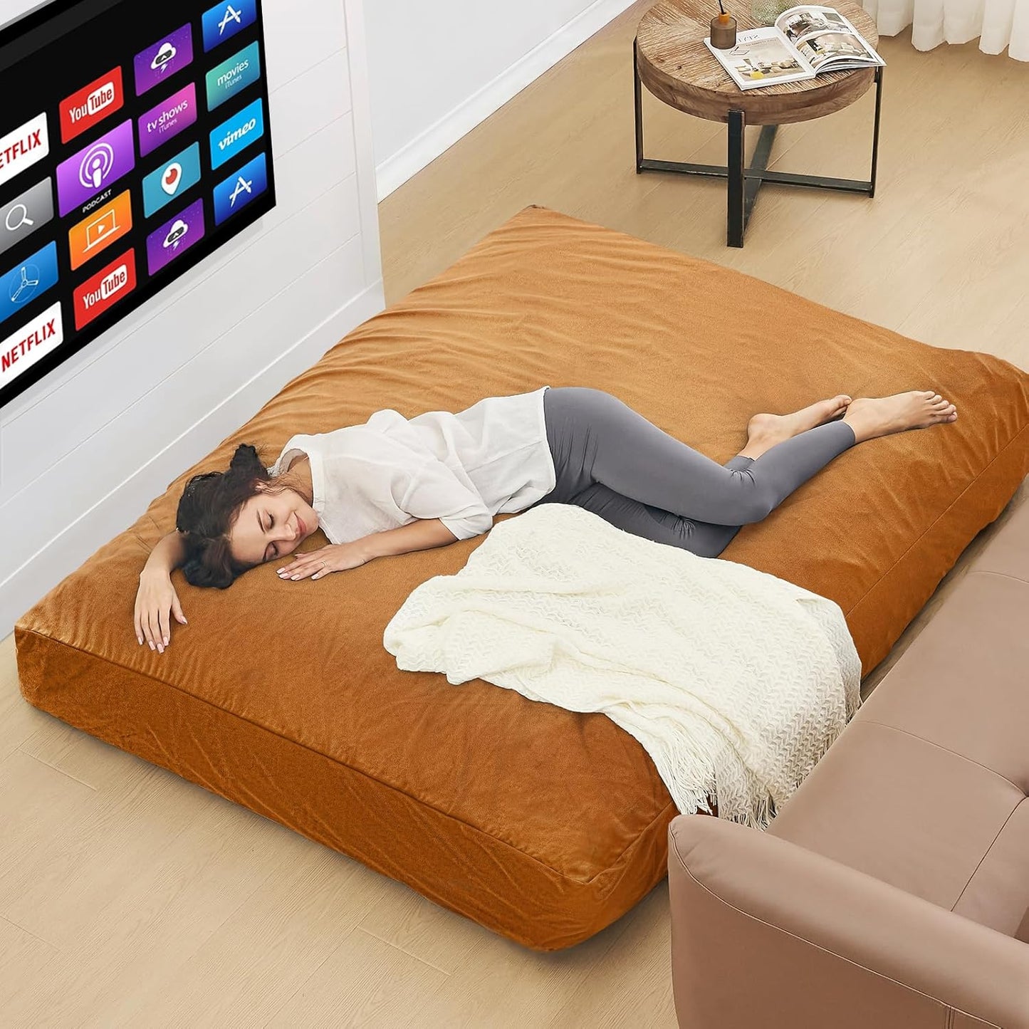 Bean Bag Chairs for Adults - Giant Bean Bag Chair Convertible Bean Bag Bed - Beanbag Chair with Micro Fiber Cover/Furniture Foam Filler - Floor Couch Sofa in Bedroom Dorm Room - Queen Golden Brown