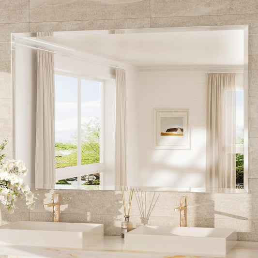 TokeShimi 55x36 Rectangle Bathroom Vanity Mirror Beveled, Tempered Frameless Wall Mirror with 1" Beveled Edge, Shatterproof Farmhouse Mirror Wall Mounted for Living Room, Entryway, Restroom