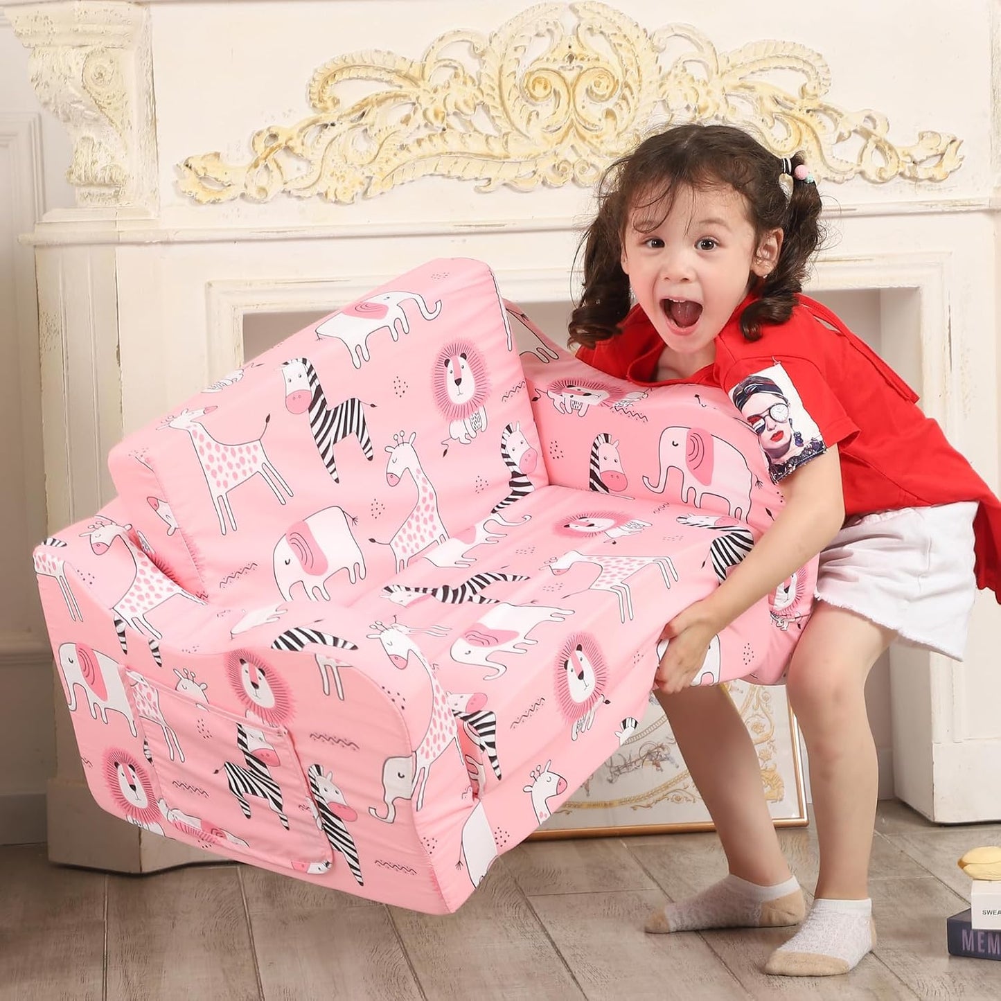 Pink Kids Sofa, 2-in-1 Kids Couch Fold Out, Convertible Sofa to Bed for Girls and Boys