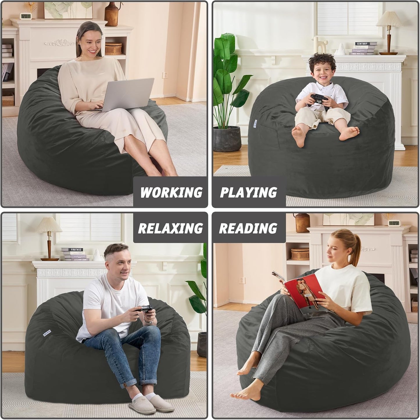 3FT Bean Bag Chair with Ultra Soft Velvet Cover Bean Bag Sofa with Memory Foam Bean Bag Chairs with Large Size Lazy Sofa for Dorm Office Living Room Bedroom Grey 3'