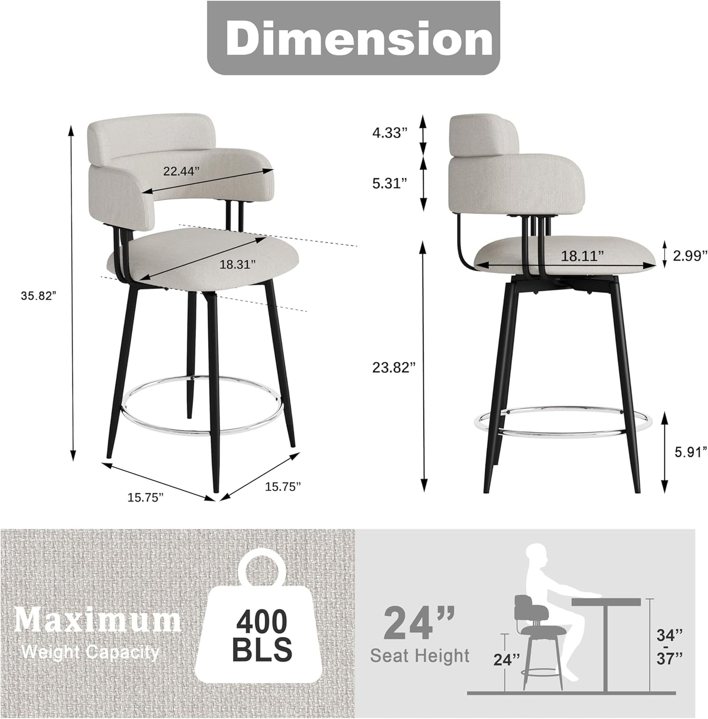 Swivel Bar Stools Set of 2, Counter Height Bar Stools with Ergonomic Full Back, Upholstered Linen Fabric Barstools with Chrome Metal Footrest for Kitchen Island, Dining Room