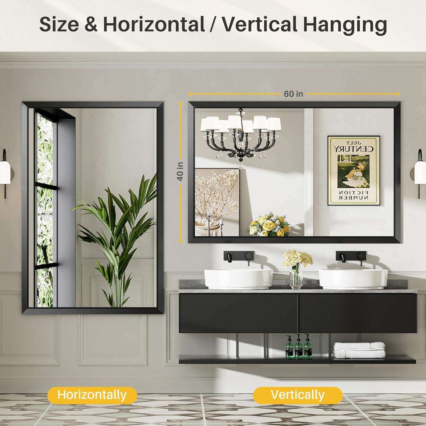 60x40 Inch Black Bathroom Mirror for Wall, Thick Metal Framed Rectangle Mirrors for Over Sink, Bedroom, Living Room, Entryway, Anti-Rust, HD Tempered Glass