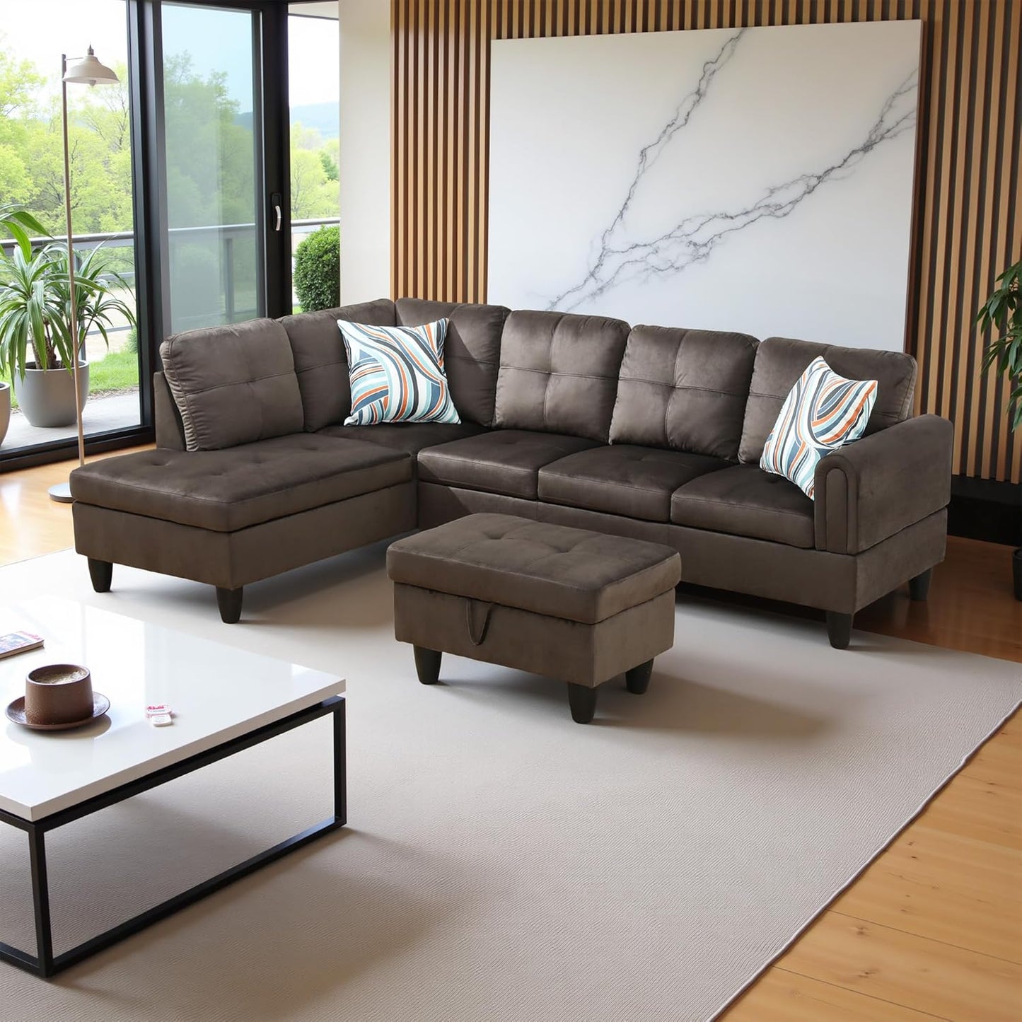 97" Oversized Sectional Couch, L Shaped Couch with Storage Ottoman, Modern Modular Sofa with Deep Seat, Sectional Couches for Living Room and Office, Dark Brown (Flannel)