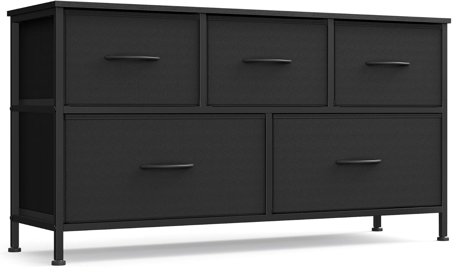 SONGMICS Dresser for Bedroom, Chest of Drawers, TV Stand, Steel, MDF, 5 Non-Woven Fabric Drawers, Storage Organizer Unit, Closet, Entryway, Ink Black and Ebony Black ULGS322B01S