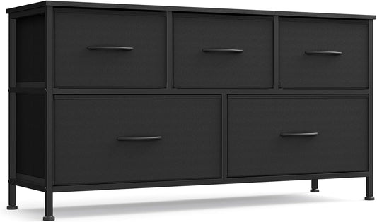 SONGMICS Dresser for Bedroom, Chest of Drawers, TV Stand, Steel, MDF, 5 Non-Woven Fabric Drawers, Storage Organizer Unit, Closet, Entryway, Ink Black and Ebony Black ULGS322B01S