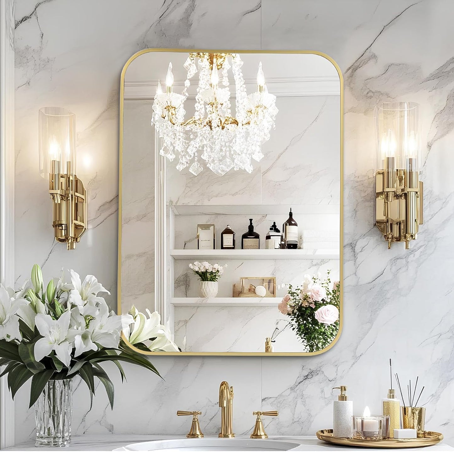 MZON 24x36 Inch Gold Bathroom Mirror – Brushed Gold Rectangular Vanity Mirror, Wall-Mounted, Anti-Rust Metal Frame, Tempered Glass, Vertical & Horizontal Hanging