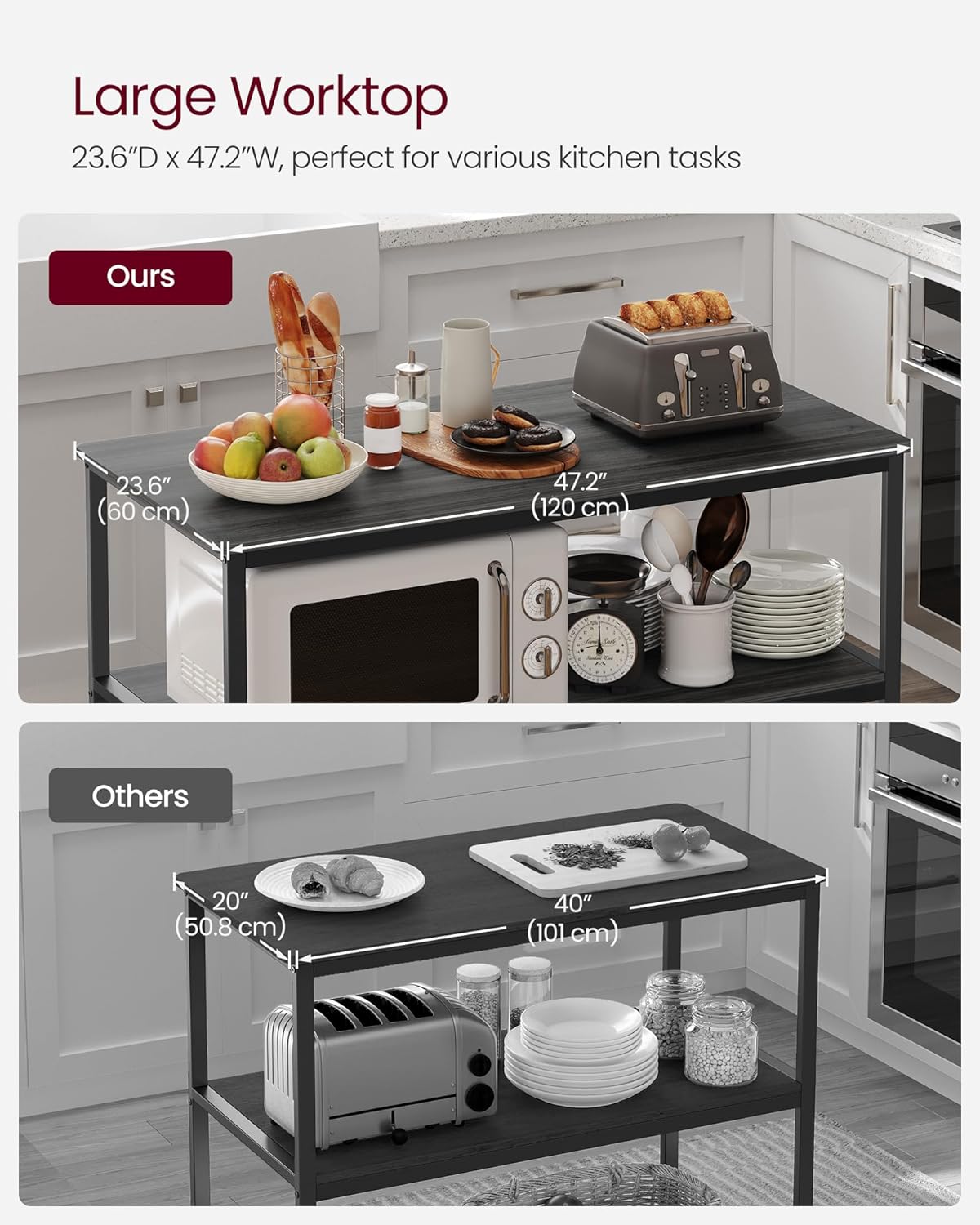 VASAGLE Kitchen Island with 3 Shelves, 47.2 Inches Width Kitchen Shelf with Large Worktop, Stable Steel Structure, Industrial, Easy to Assemble, Ebonised Oak and Black UKKI001B42