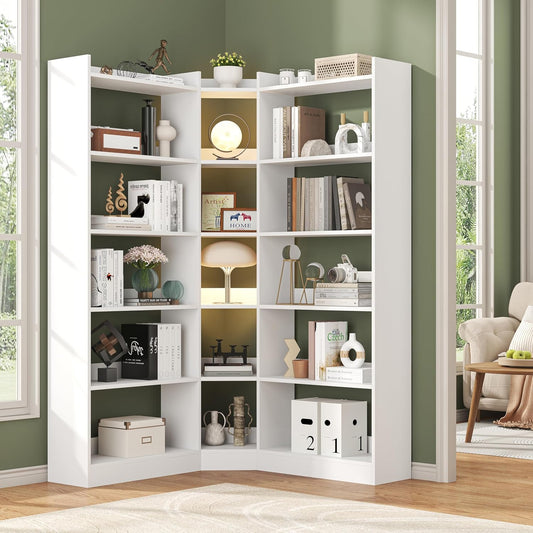 6 Tiers Corner Bookshelf, 63.1" Tall Modern Corner Etagere Bookcase Storage Display Rack Book Shelf with Baffle, Industrial L Shaped Bookshelves for Bedroom, Home Office, Living Room, White