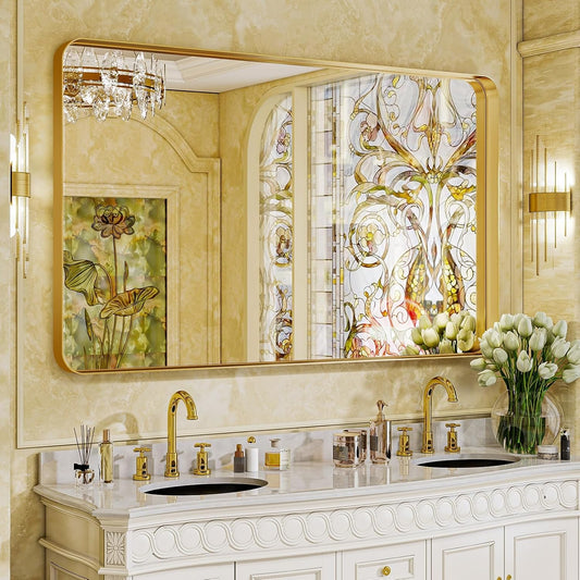 Large Bathroom Mirror 30x56 inch, Gorgeous Deep Frame Wall Vanity Mirror for Over Sink with Shatterproof Tempered Glass, Hanging Horizontal or Vertical, Gold