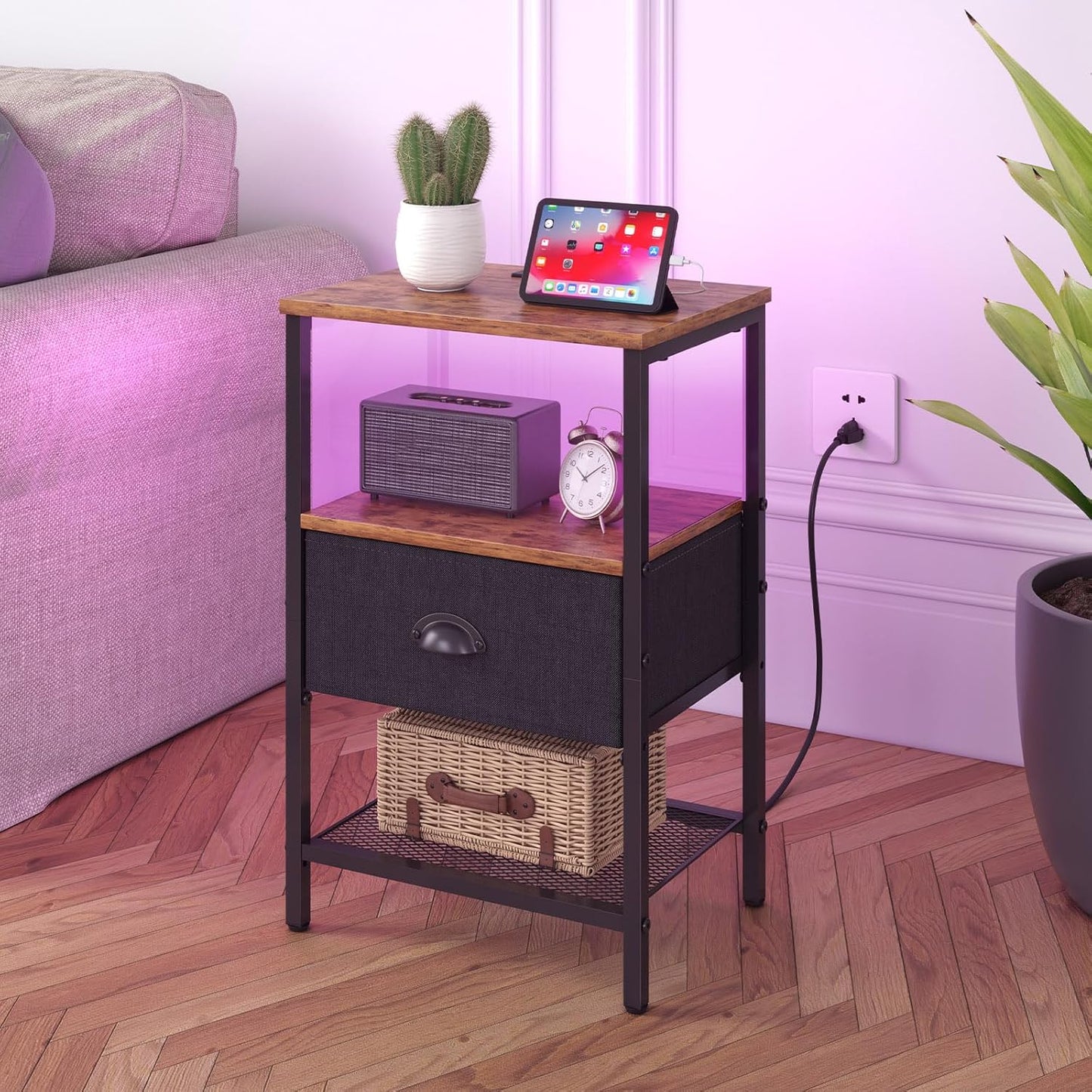 Sthmec Nightstands Set of 2, LED Bedside Tables with Charging Station and Fabric Drawer, Night Stand with Storage, 3 Tier Side Table with Open Shelf, LED Nightstands with Charging Station,Rustic Brown