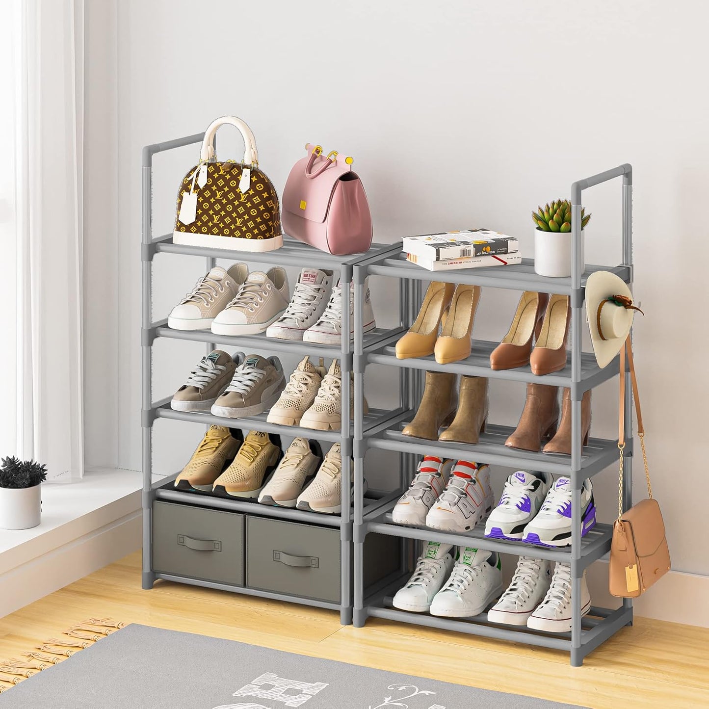 Shoe Rack, Sturdy Metal Shoes Rack Organizer,Narrow Shoe Rack,Shoe Racks for Closets,Shoes Rack,Shoe Stand,Shoe Shelf (10 Tier with 2 Boxes and 1 Hook)