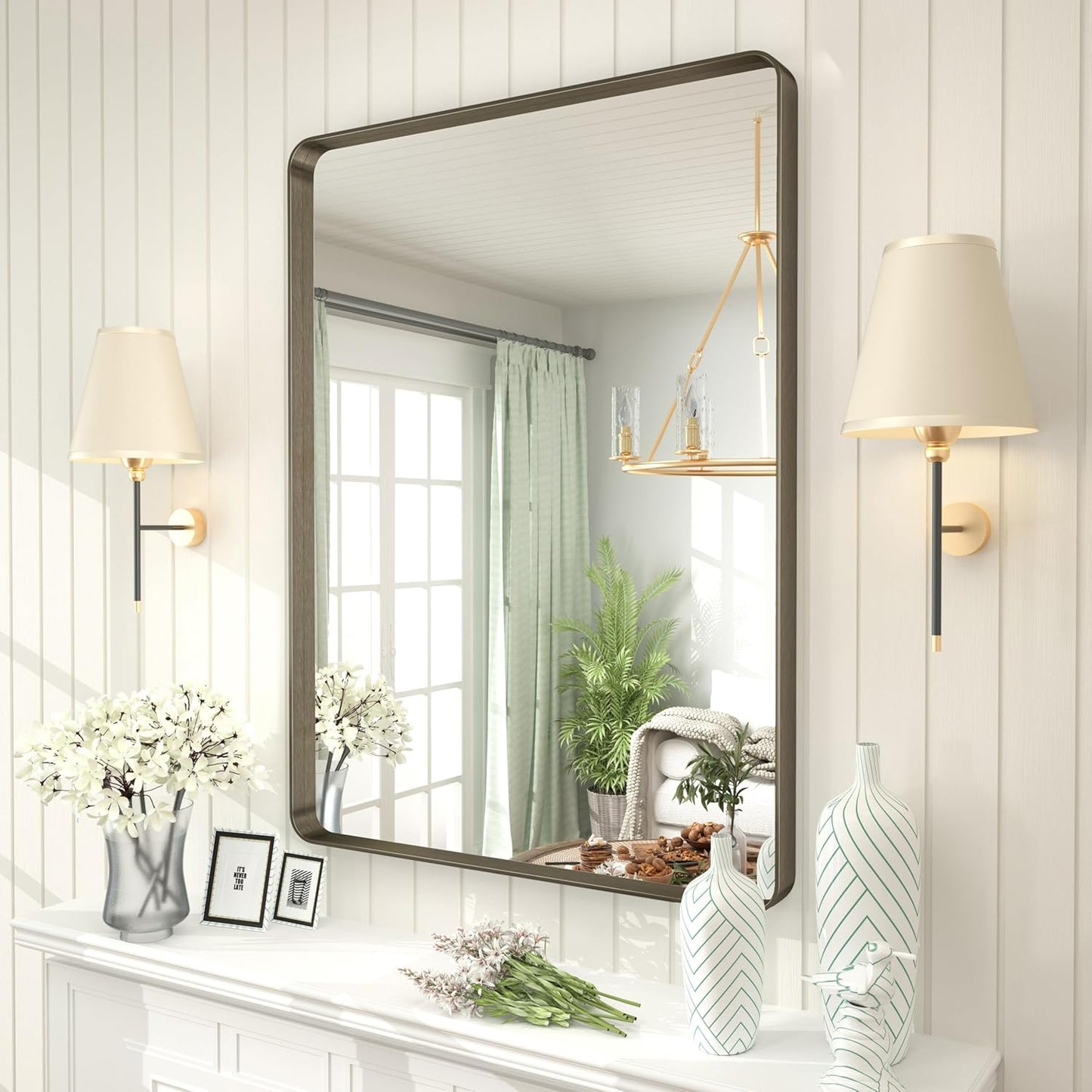 26x36 Inch Bronze Framed Mirror, Brushed Bronze Metal Bathroom Vanity Mirror for Wall, Modern Rectangle Mirror, Rounded Corner, Anti-Rust (Horizontal/Vertical)