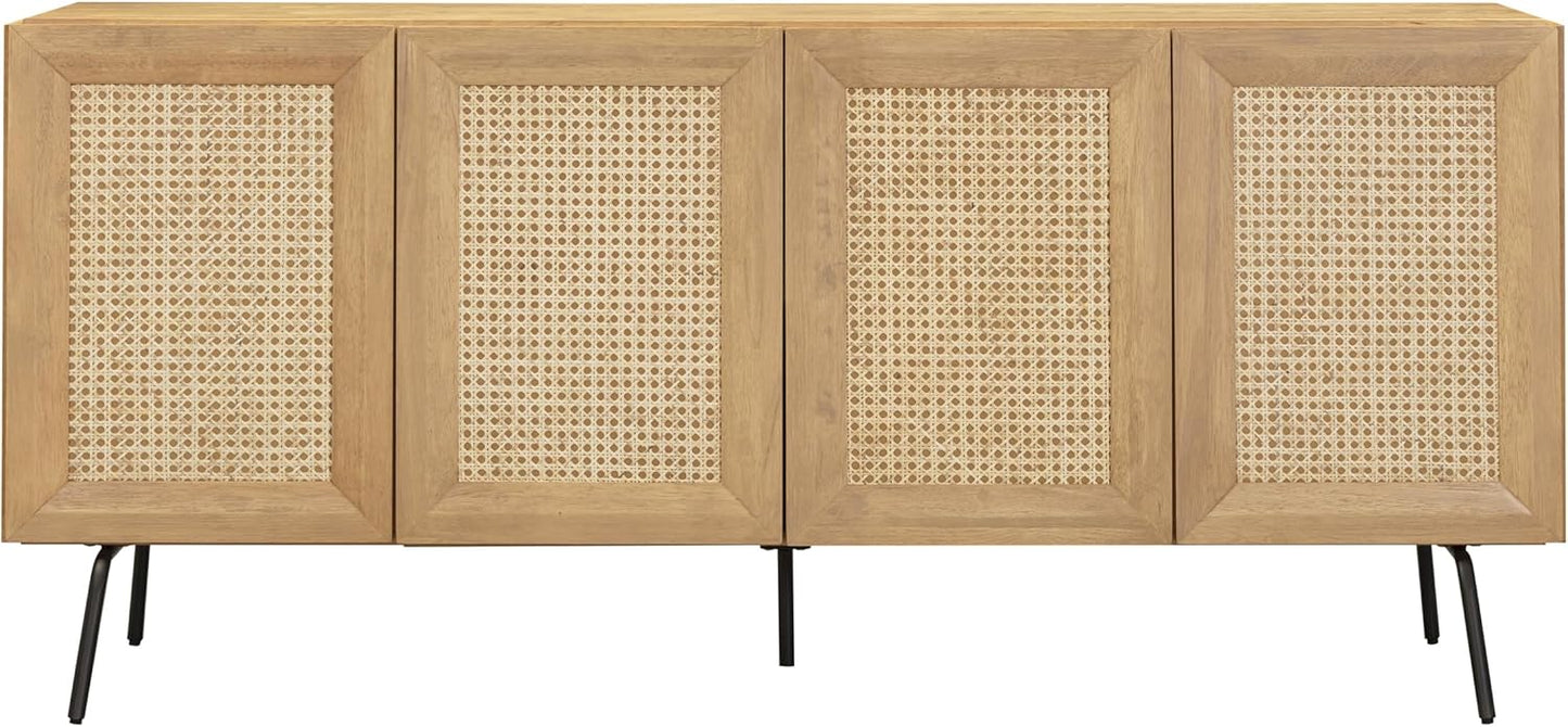 NTC MOSSIC Modern Sideboard with 4 Doors, Natural Rattan Storage Cabinet, Buffet with Metal Legs, Boho Accent Cabinet for Living Room, and Entryway, Effortless Assembly, Sand