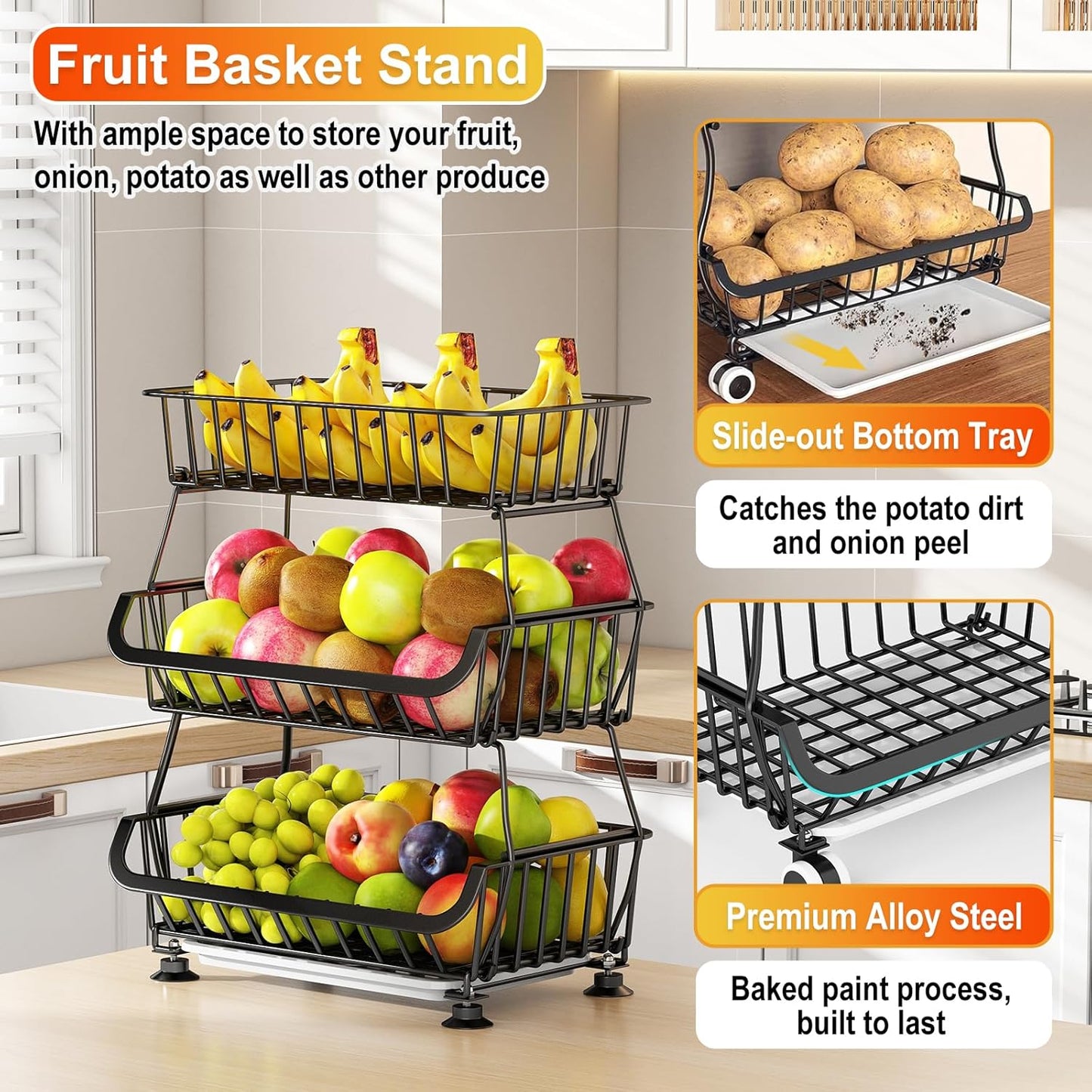 3-Tier Rolling Pantry Cart with Wheels, Stackable Wire Storage Floor Organizer for Kitchen Pantry Snack Shelves, Fruit Basket Stand, Vegetable Storage Rack for Snacks Fruits Onion Potato