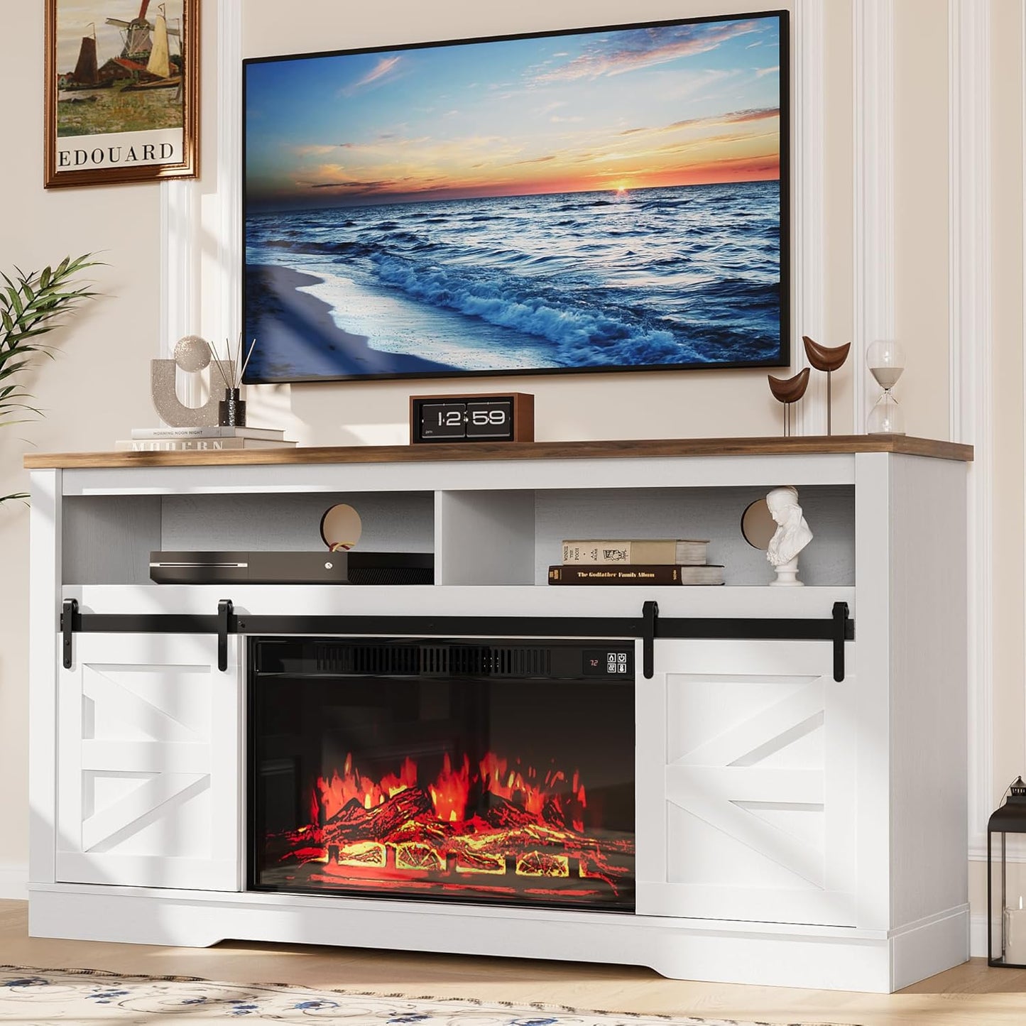 YESHOMY Fireplace TV Stand for Television up to 65+ Inch with Storage and Farmhouse Sliding Barn Doors, Entertainment Center with Cabinet and Shelves, Media Console for Living Room, White