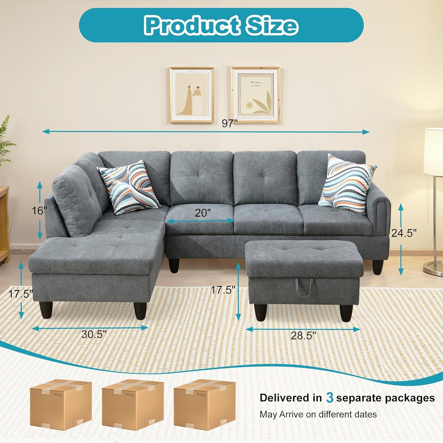 L Shaped Couch Modern Sectional Couch Upholstered Fluffy Fabric 3 Pieces Sofas for Living Room with Chaise, Storage Ottoman for Office and Small Apartment, Dark Grey