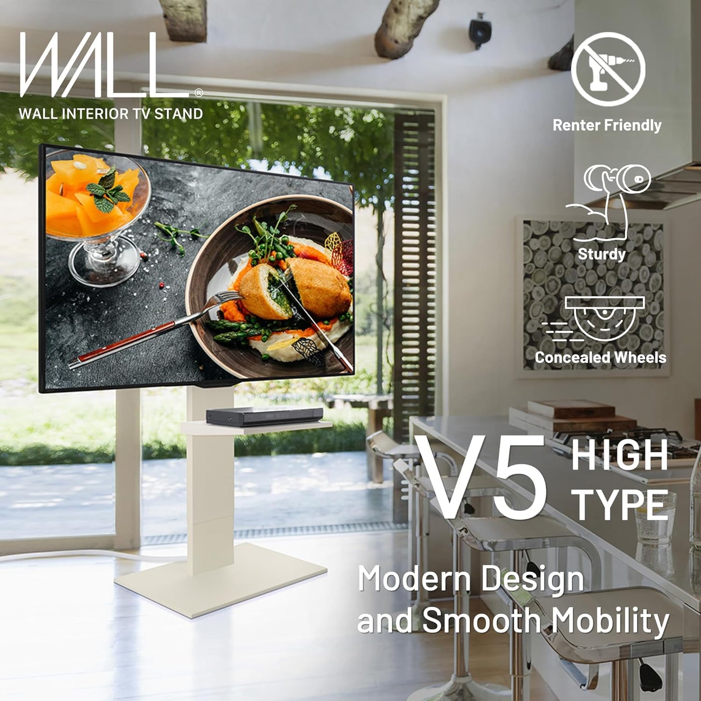 WALL V5 High Type | Minimalist Rolling TV Stand for 32–80 Inch | Satin White | Portable, Space Saving, Height Adjustable, No Drill | for Living Room and Bedroom | Japan-Engineered Design