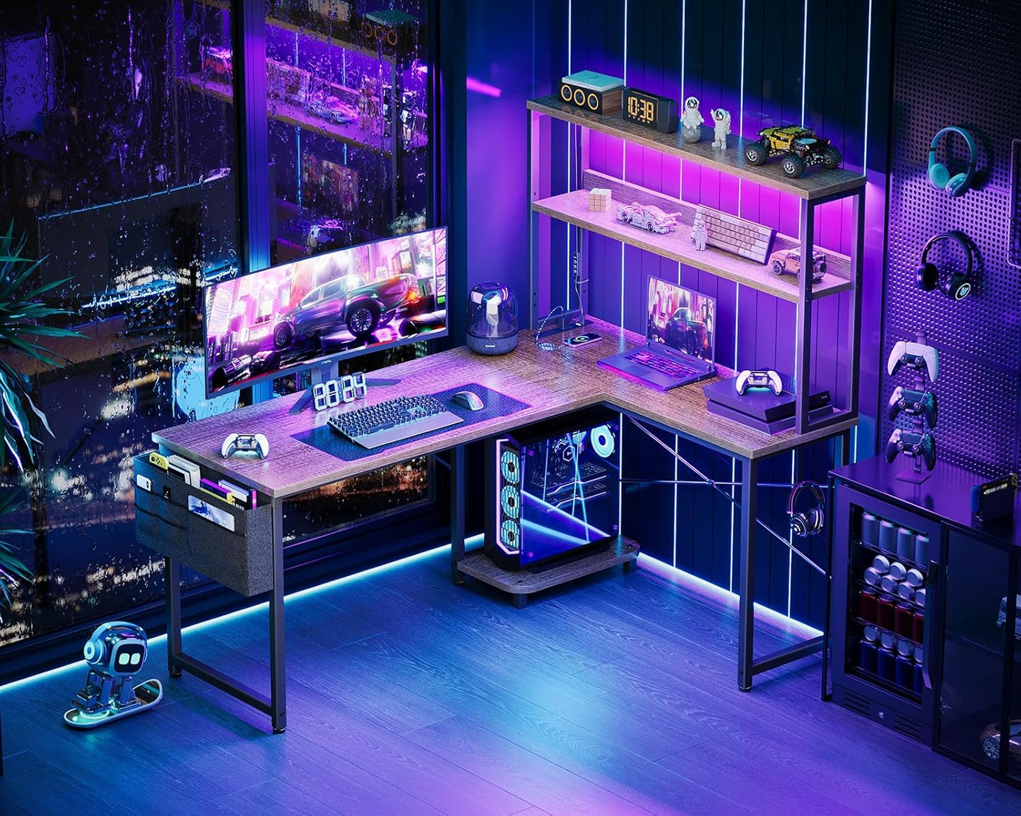 AODK L Shaped Desk Gaming Desk with LED Light & Power Outlet, 53 Inch Reversible L Shaped Computer Table with Shelf & Storage Bag & Hook for Home Office, Grey Oak