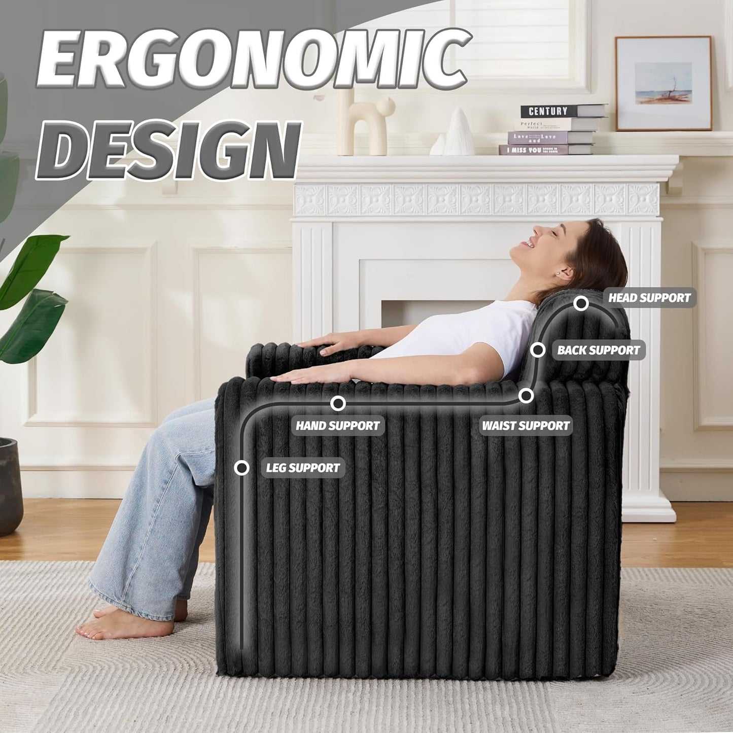 HABUTWAY Giant Bean Bag Chairs for Adults with Armrests, High Backrest Bean Bag Lounge Lazy Sofa with Durable Elastic Foam Filling & Comfy Fabric, Single Couch for Bedroom/Dorm/Living Room(Black)