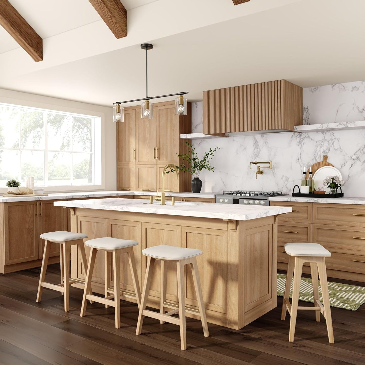 Plank+Beam Beryl Counter Height Stool - Mid-Century Modern Rubberwood Bar Stool with Faux Leather Seat, Metal Footrest, Easy Assembly, 4-Pack, Blonde/Sesame