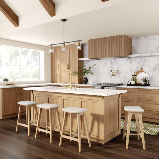 Plank+Beam Beryl Counter Height Stool - Mid-Century Modern Rubberwood Bar Stool with Faux Leather Seat, Metal Footrest, Easy Assembly, 4-Pack, Blonde/Sesame