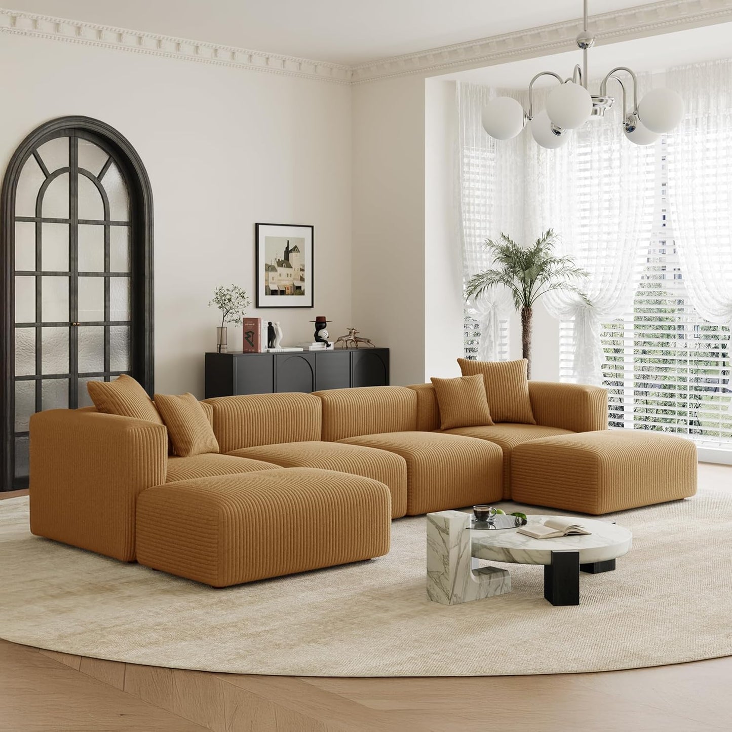 Acanva Convertible Modular Sectional Sofa with Movable Ottomans, Free Combination Corduroy Couch for Living Room Apartments, U-Shaped, Yellow