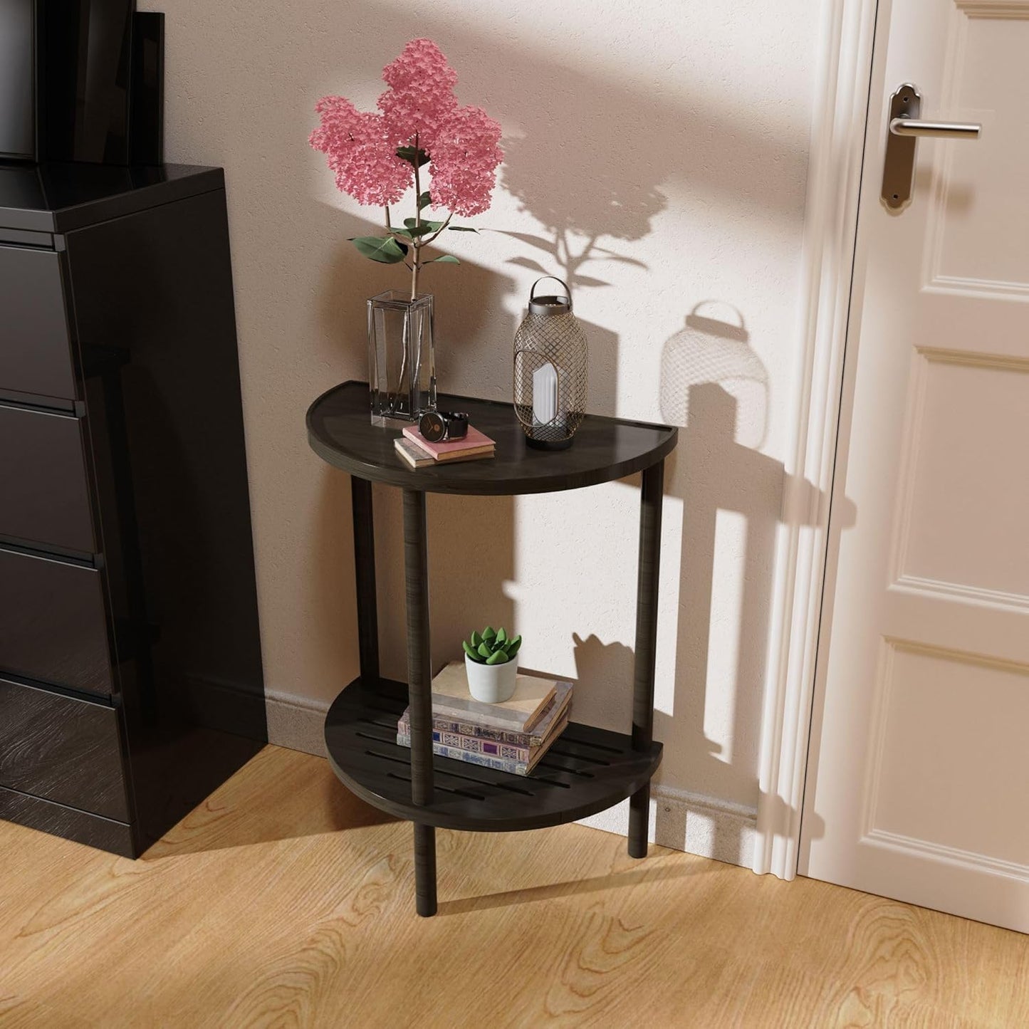 End Table, Half Moon Side Tables, Living Room Half Round 2 Tier Table for Small Space, Living Room Bedroom Couch Tables with Storage Shelf (Black)