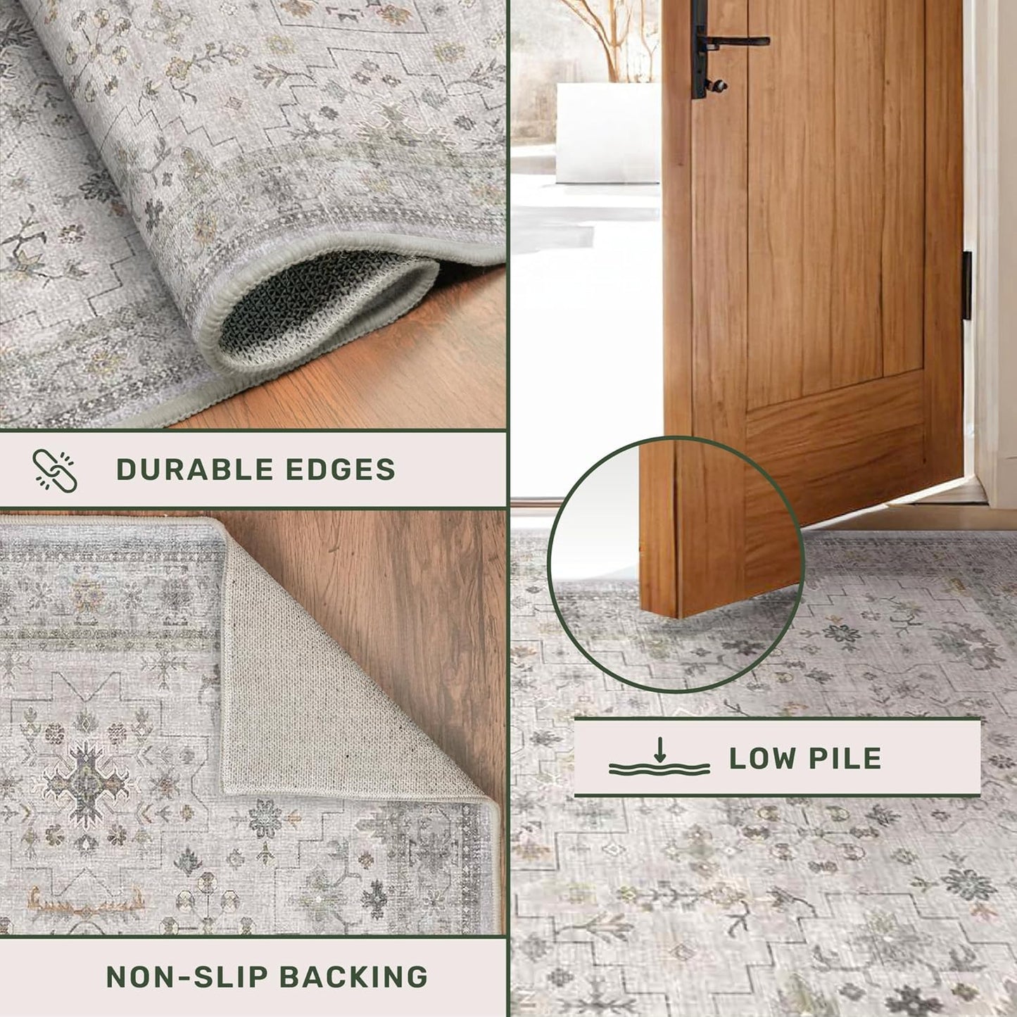 Boho Light Grey Living Room Rug 9x12 - Modern Vintage Eclectic Floral Pastel Neutral Taupe, Washable Low Pile Non-Slip Extra Large Area Rugs for Dining Under Table Bedroom