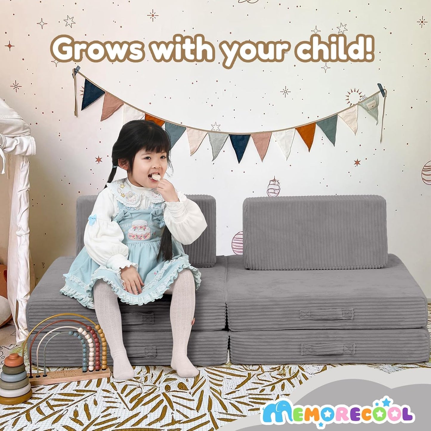 MeMoreCool Kids Couch for Playroom, Corduroy Convertible Toddler Couch, 8 Piece Modular Play Sofa, Foam Fort Building Set for Child Room Furniture, Light Grey