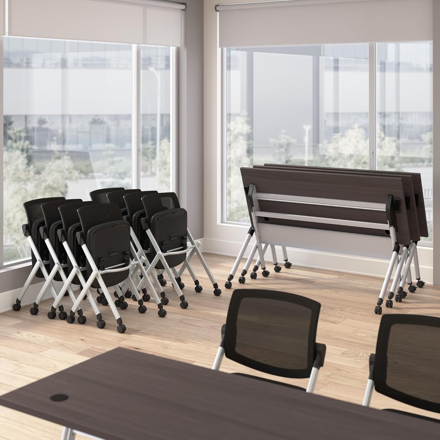 Bush Business Furniture Folding Training Table Set for 2, 60 inch, 2 Mesh Back Folding Chairs, Commercial-Grade Bundle for Office or Classroom, Envision Collection, Gray