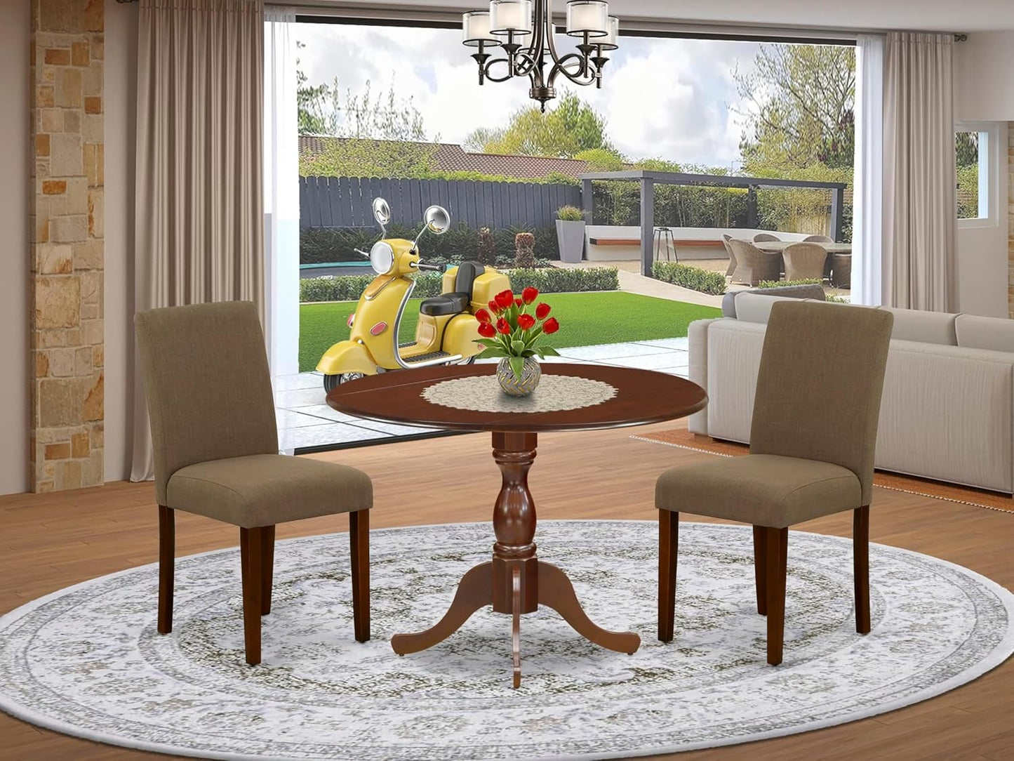 East West Furniture DMAB3-MAH-18 3 Piece Dining Room Table Set Contains a Round Dining Table with Dropleaf and 2 Coffee Linen Fabric Upholstered Parson Chairs, 42x42 Inch, Mahogany