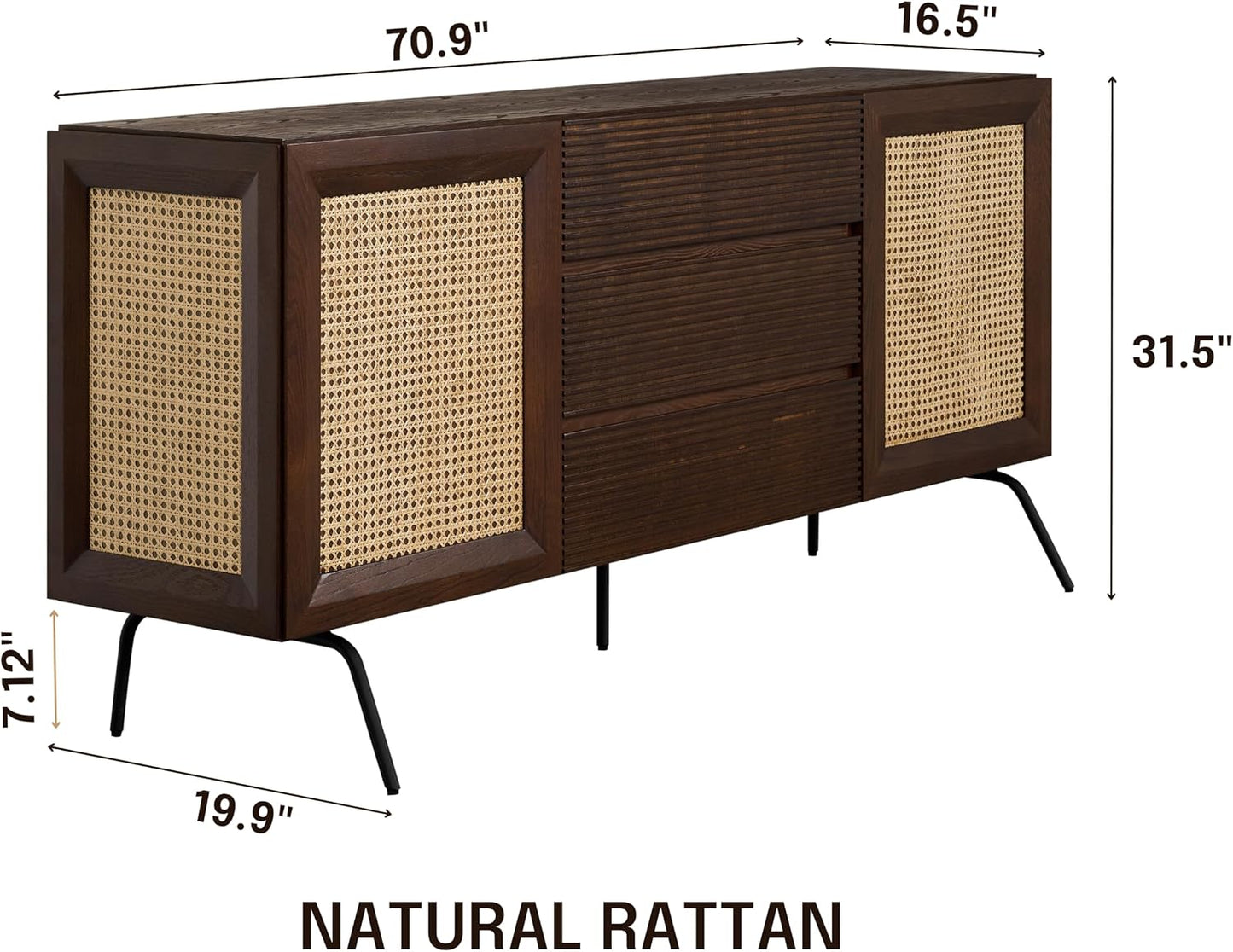 NTC MOSSIC Sideboard with 2 Doors and 3 Drawers, Buffet Cabinet with Natural Rattan and Metal Legs, Modern Storage Cabinet for Living Room, and Hallway, Effortless Assembly - Dark Walnut