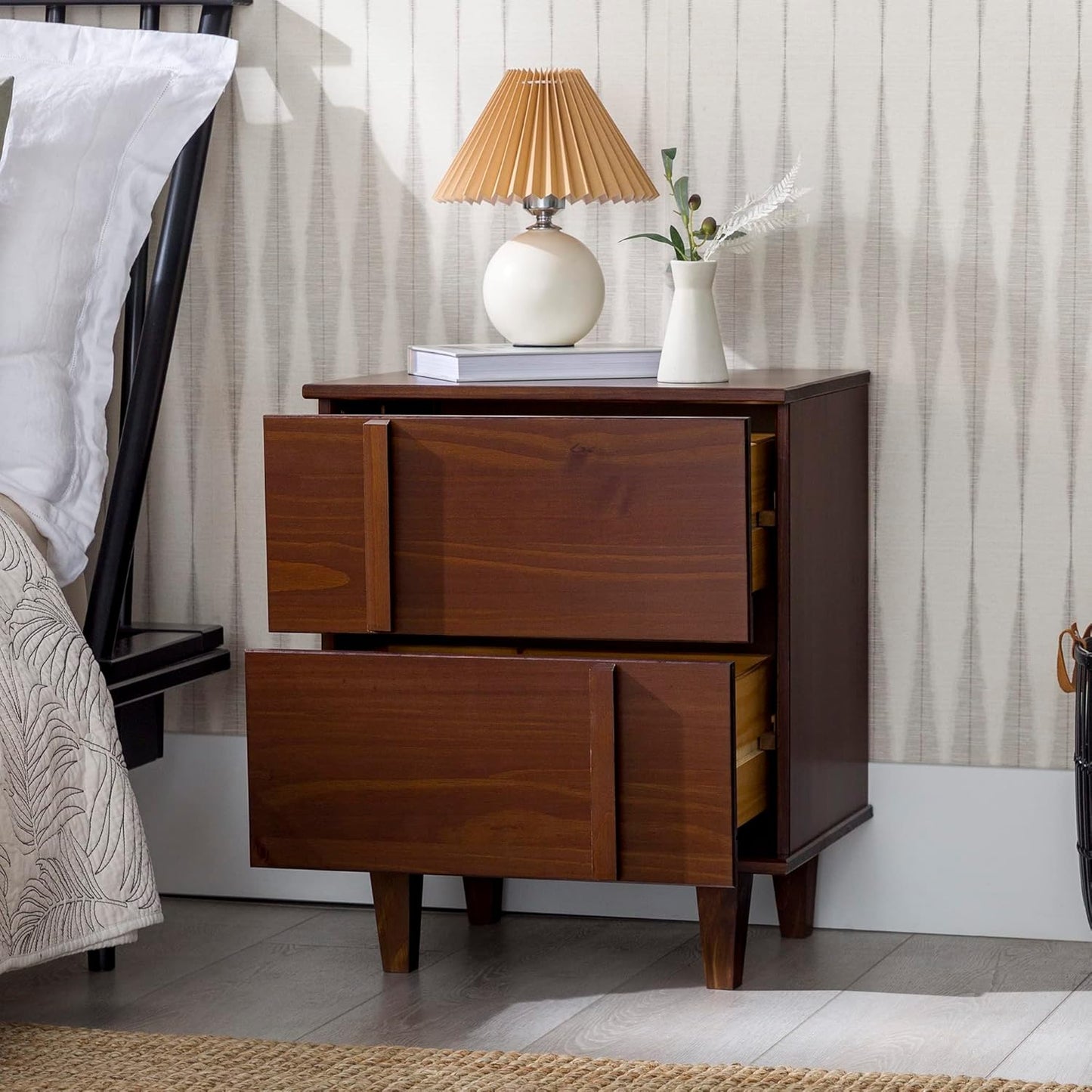 Walker Edison Sprague Contemporary Detailed Drawer Solid Wood Nightstand, 20 Inch, Walnut