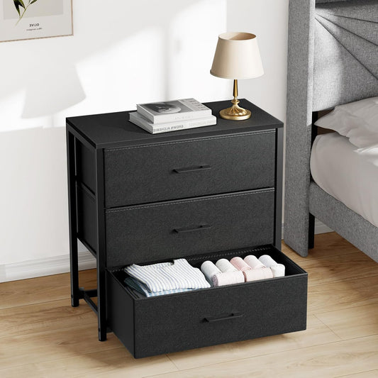 Nightstand with 3 Drawers for Bedroom, Storage Dresser with Fabric Drawers and Metal Frame for Closet, Living Room, Bedside Table with Wood Top, Easy Pull Handle, Black